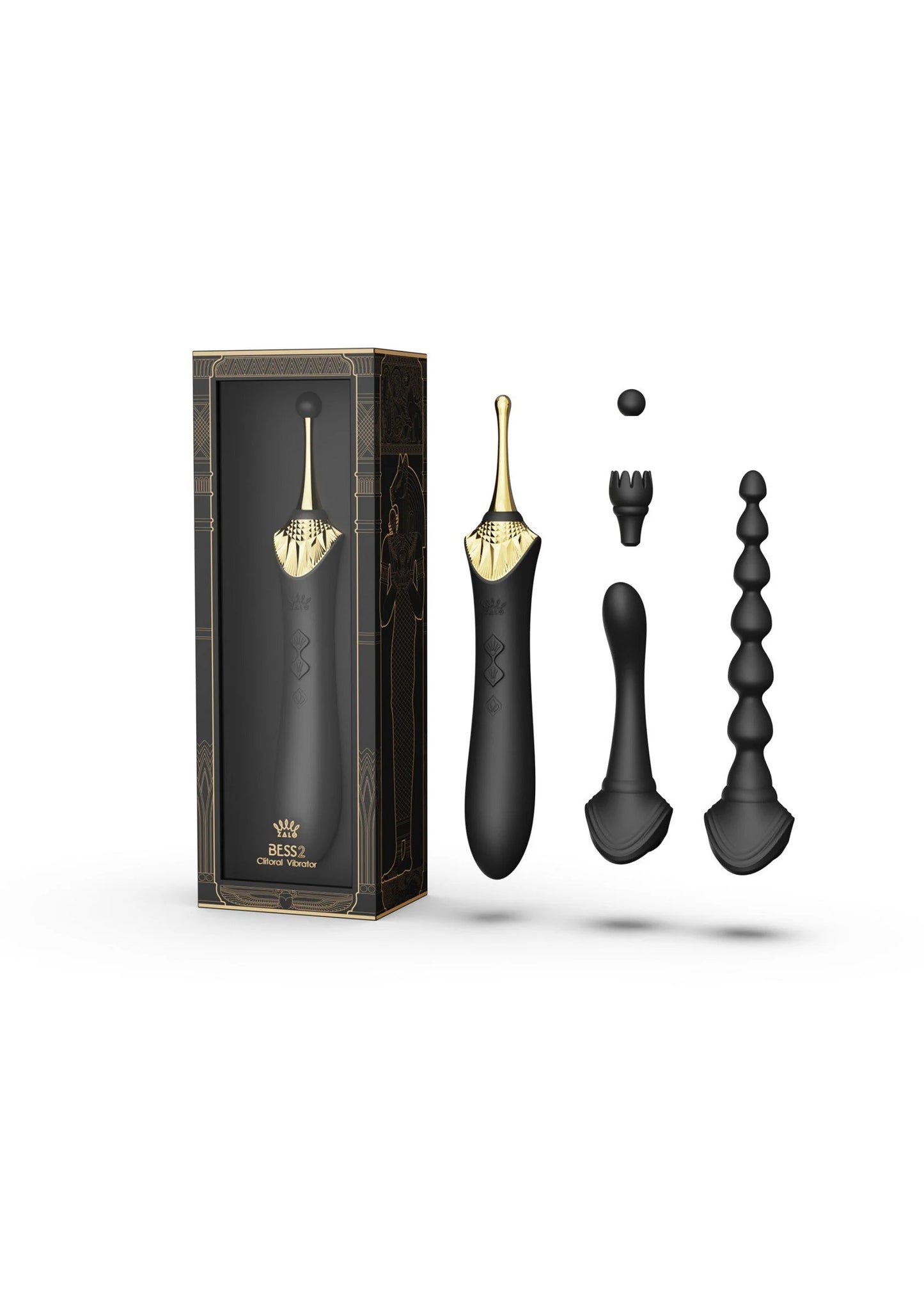 Clitorisvibrator-set met zwarte en gouden vibrator, met bijpassende opzetstukken.