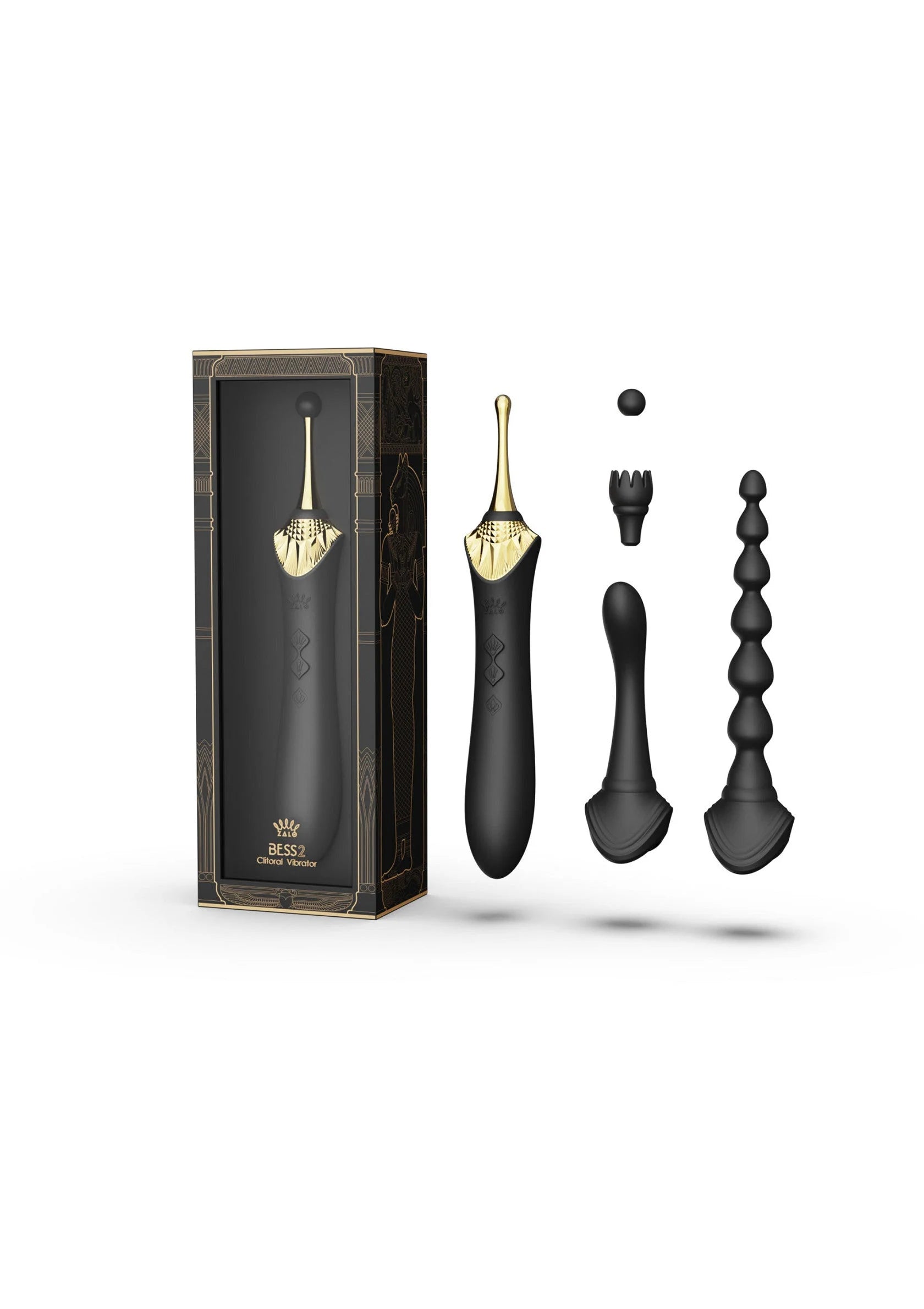 Clitorisvibrator-set met zwarte en gouden vibrator, met bijpassende opzetstukken.