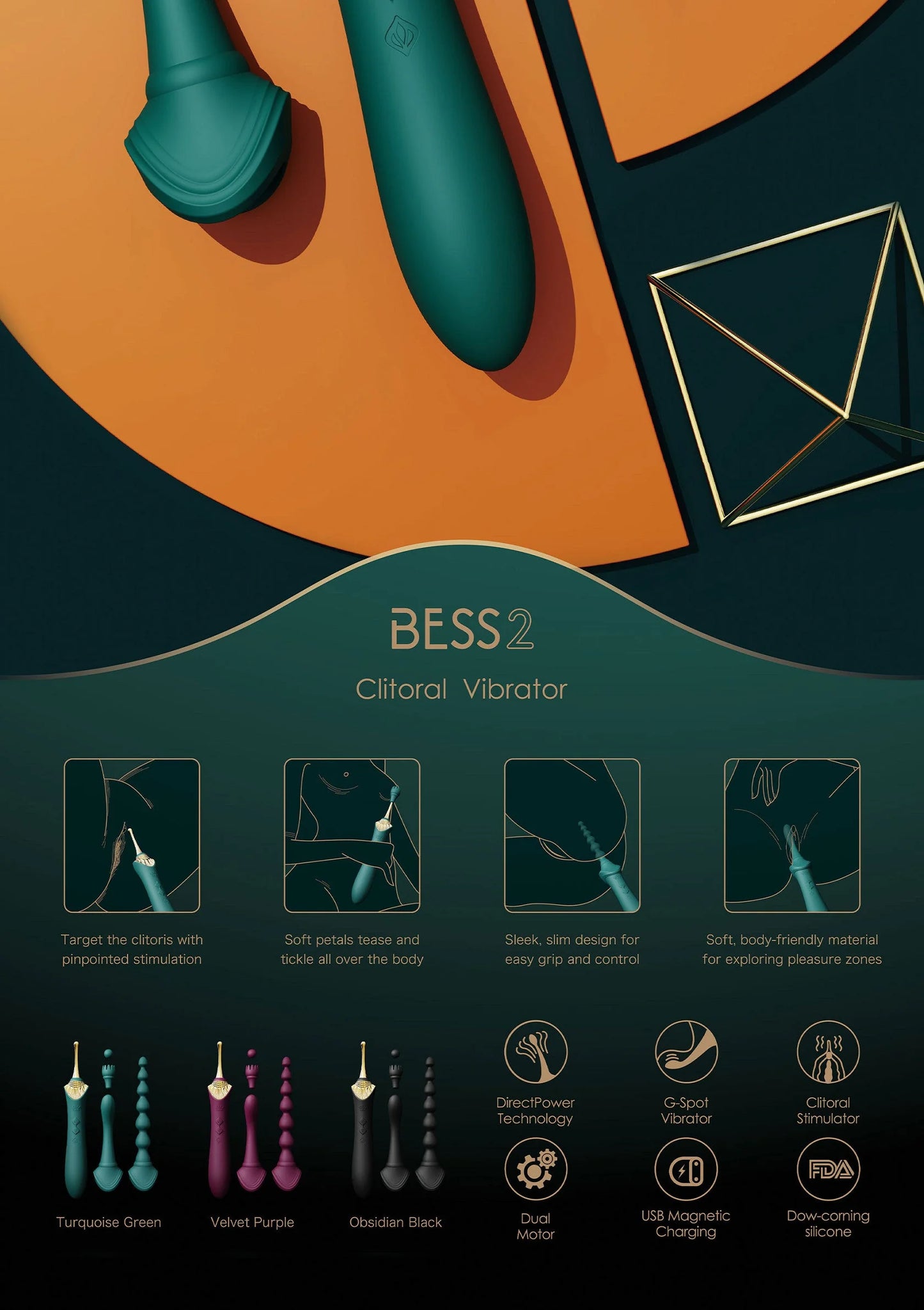 Bess 2 clitorisvibrator met gouden top; zwarte staaf met brede contactkop.