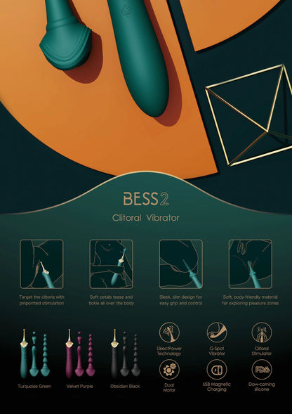 Bess 2 clitorisvibrator met gouden top; zwarte staaf met brede contactkop.