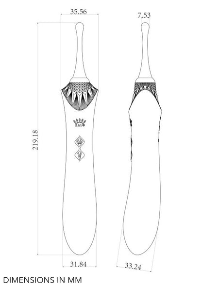 Clitorisvibrator-dimensies van voor- en zijkant, slanke steel met brede kop.