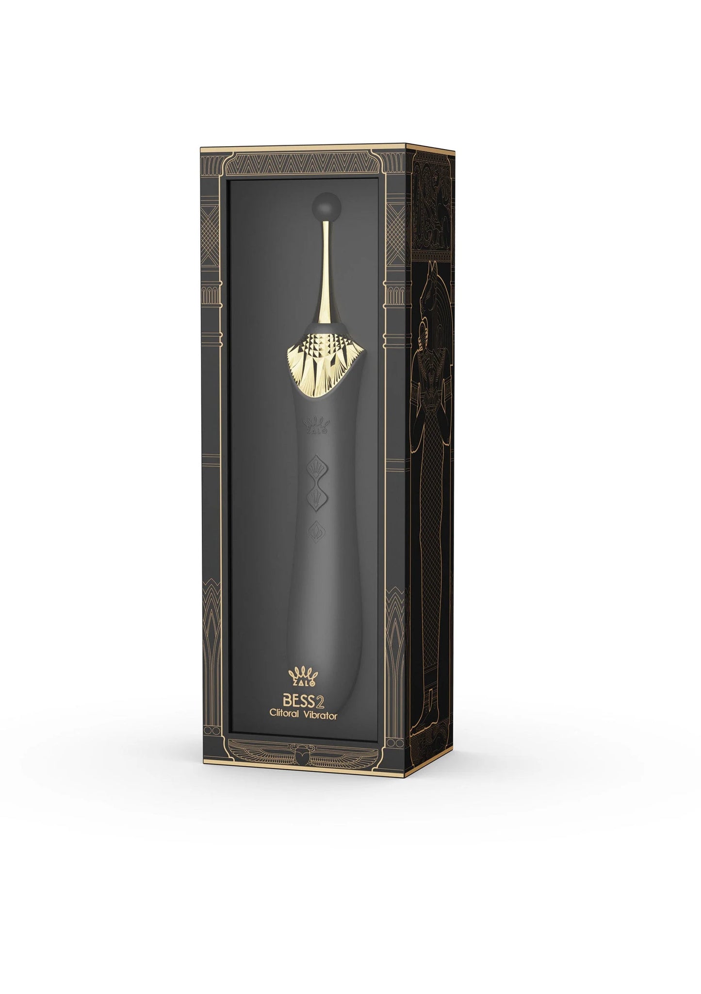 Doos van clitorisvibrator met afbeelding van de zwarte vibrator en gouden details