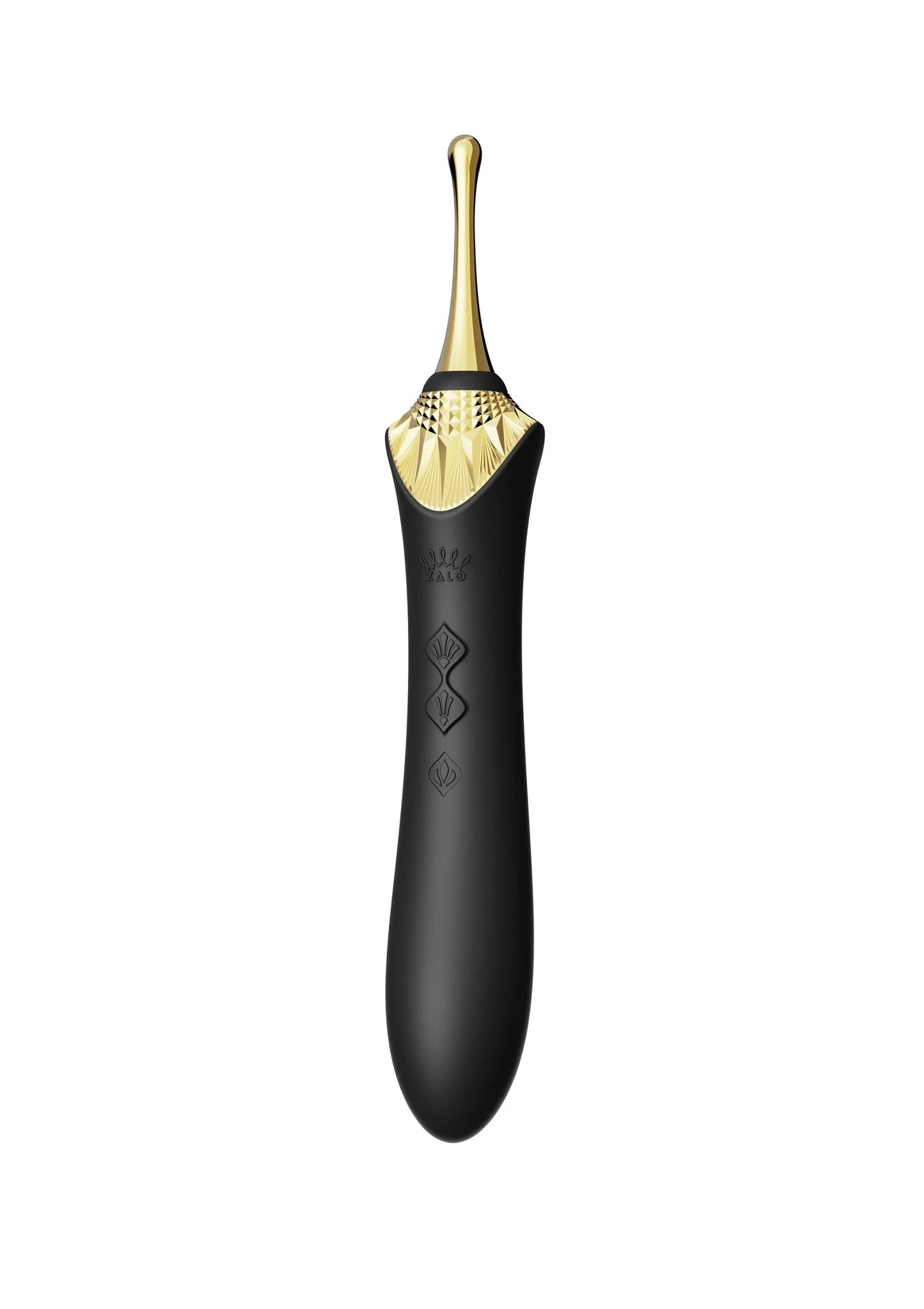 Clitorisvibrator in zwart met gouden top en gegraveerde details, afgeronde vorm.