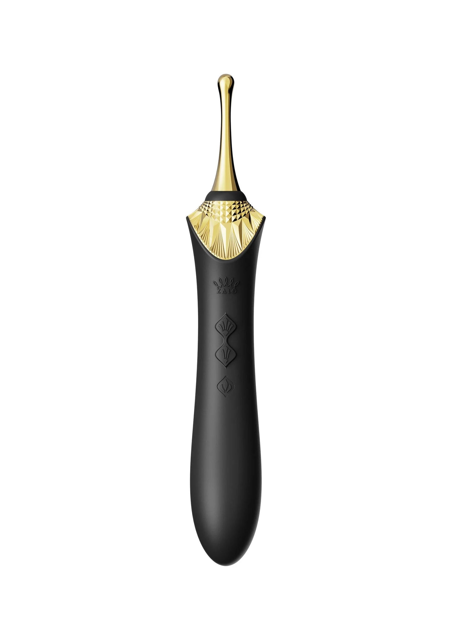 Clitorisvibrator zwart met gouden bovenkant en decoratieve ring bij de kop.
