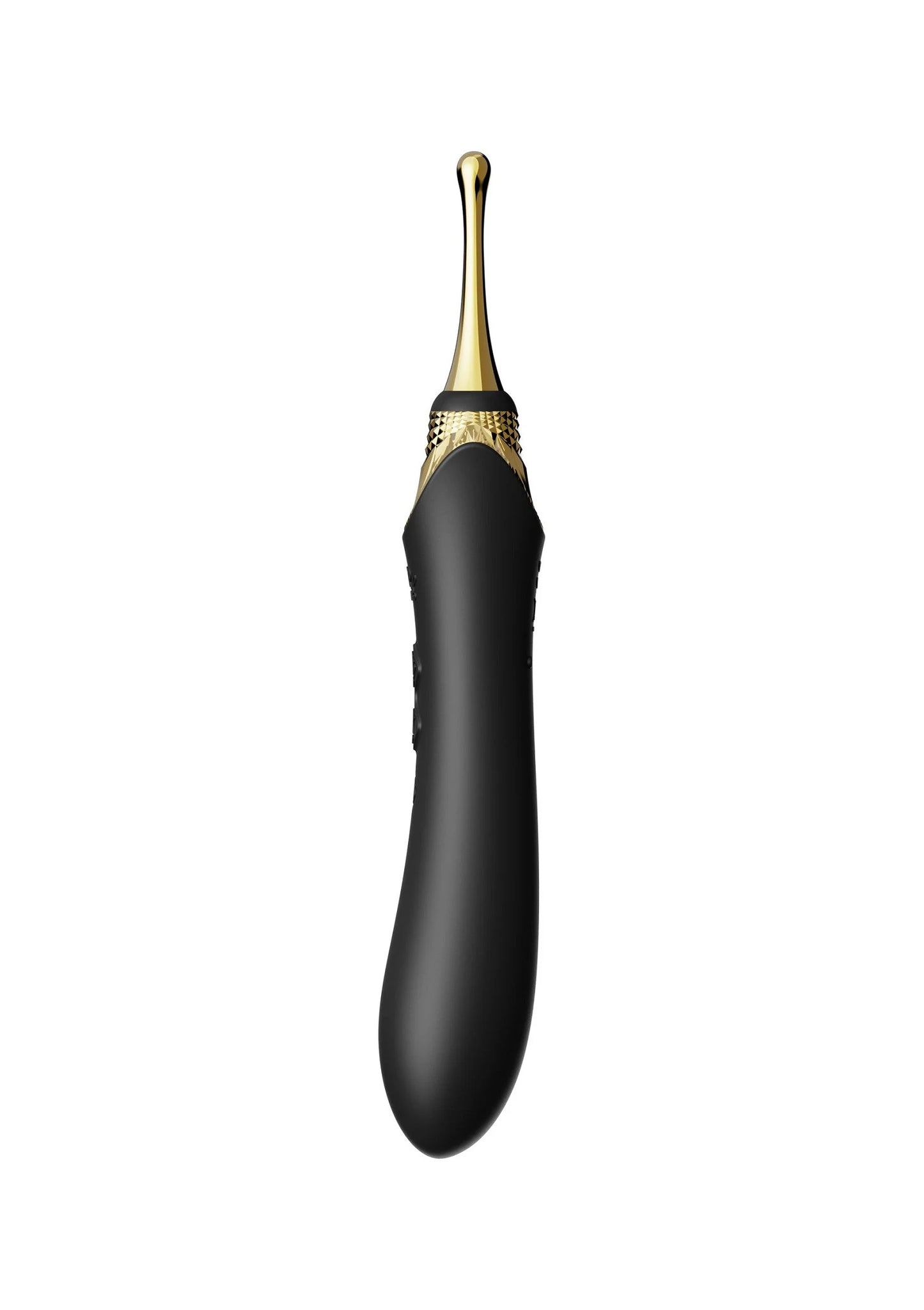 Clitorisvibrator zijaanzicht: zwart lichaam met gouden top en glanzende afwerking.