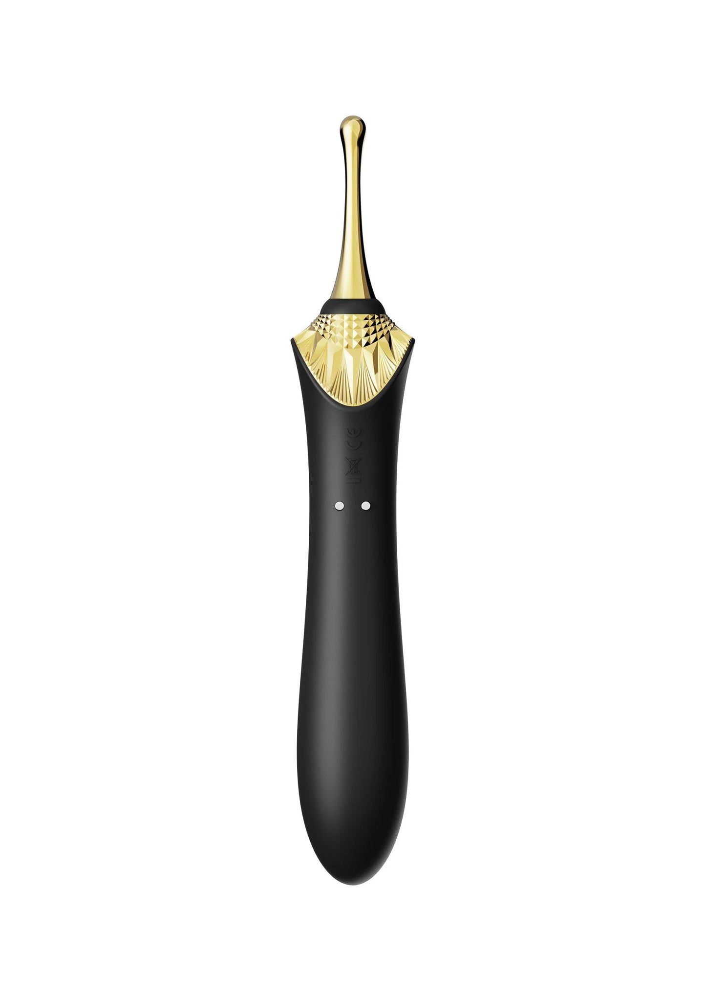 Clitorisvibrator zwart met gouden bovenkant; twee kleine bedieningspunten op de steel.
