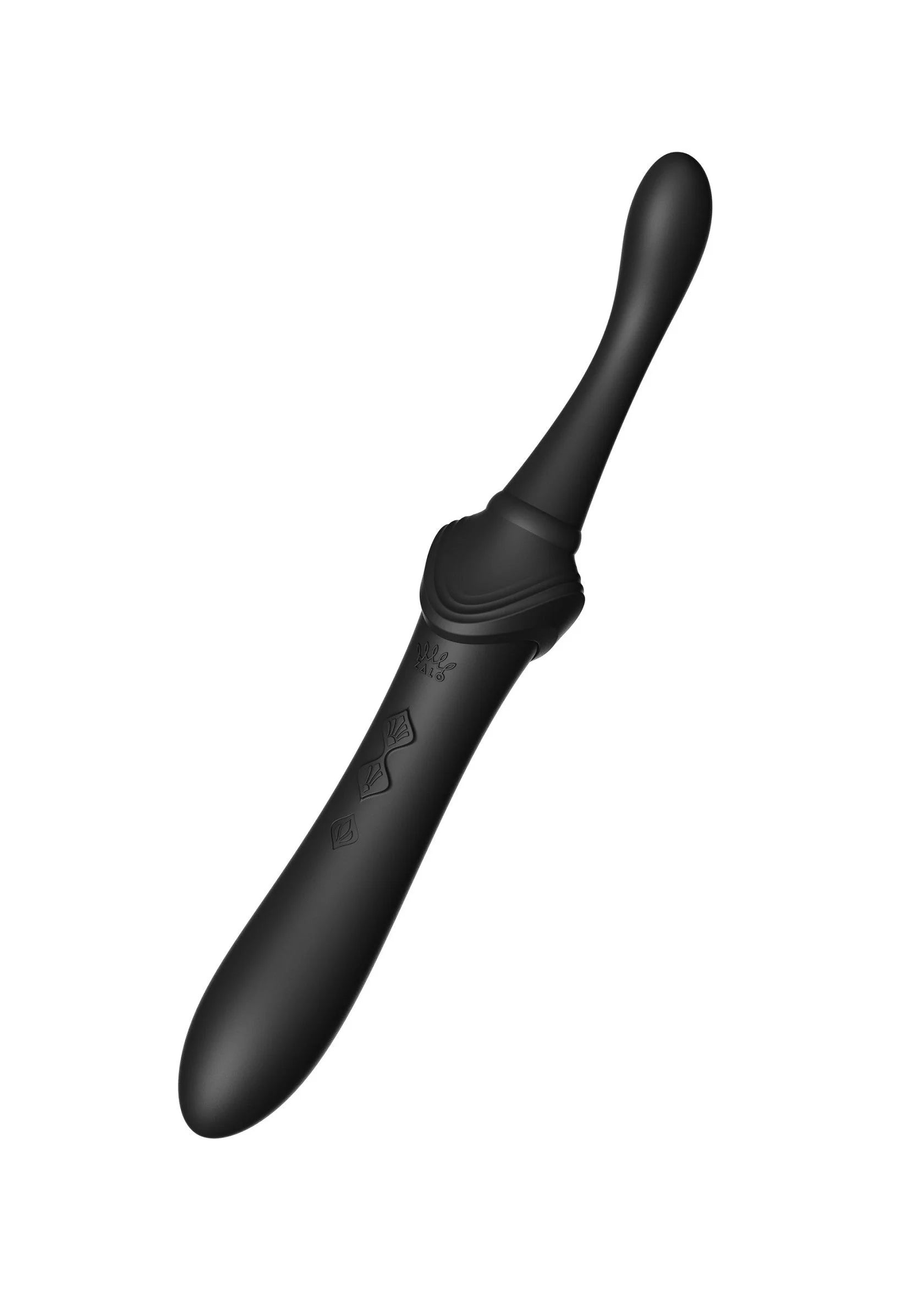 Zwarte clitorale vibrator met lange gebogen vorm en afgeronde punt