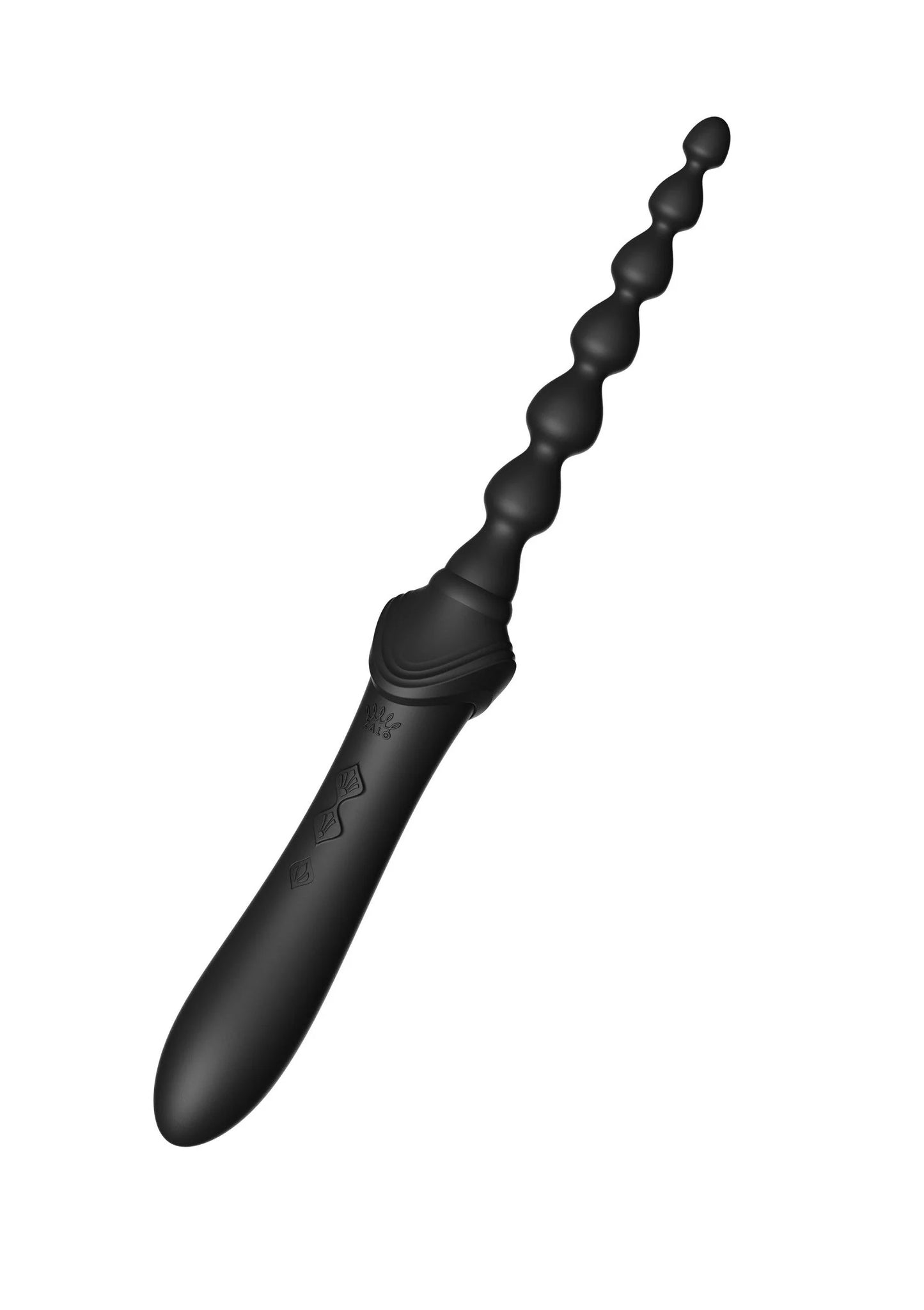 Zwarte clitorale vibrator met geribbelde handgreep en ronde ovale uiteinde
