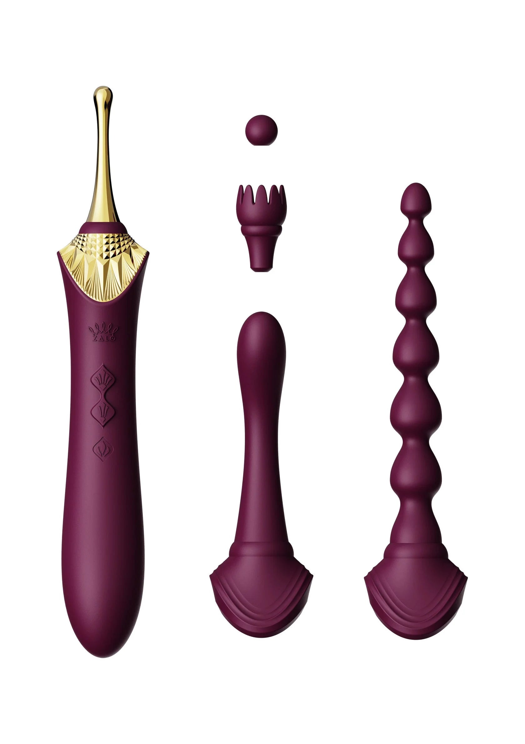 Paarse clitorisvibrator set met opzetstukken: dopjes en getextureerde pompkop