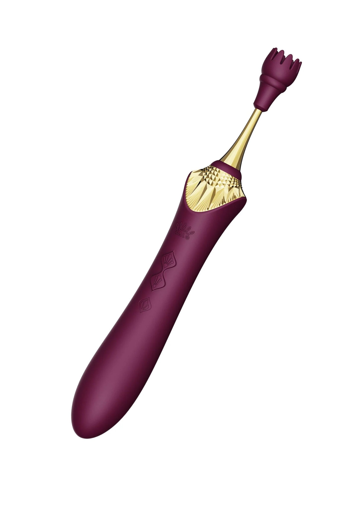 Paarse clitorale vibrator met gouden inzet en beschermkap op de top