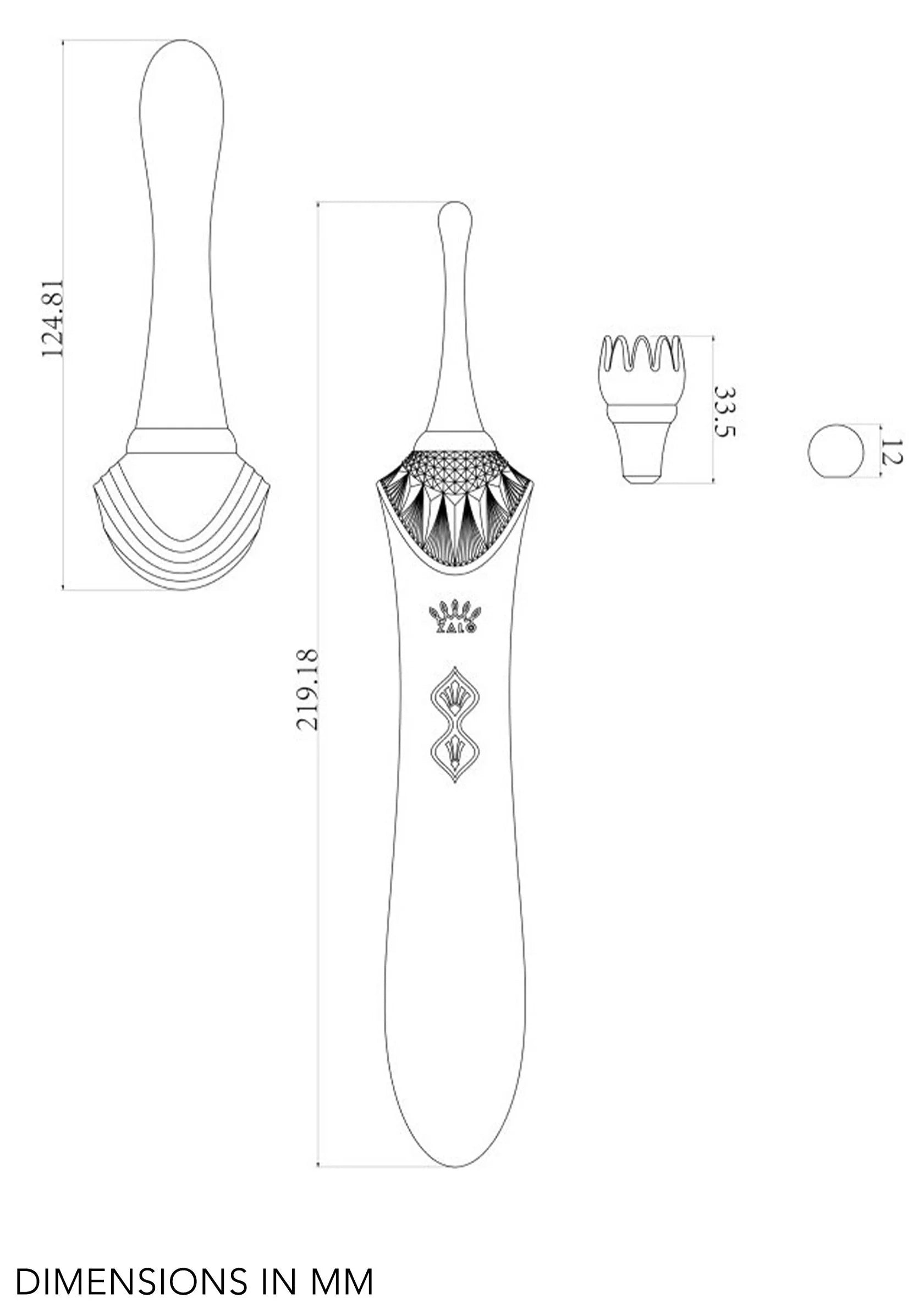 Technische tekening van clitorale vibrator met afmetingen in millimeters