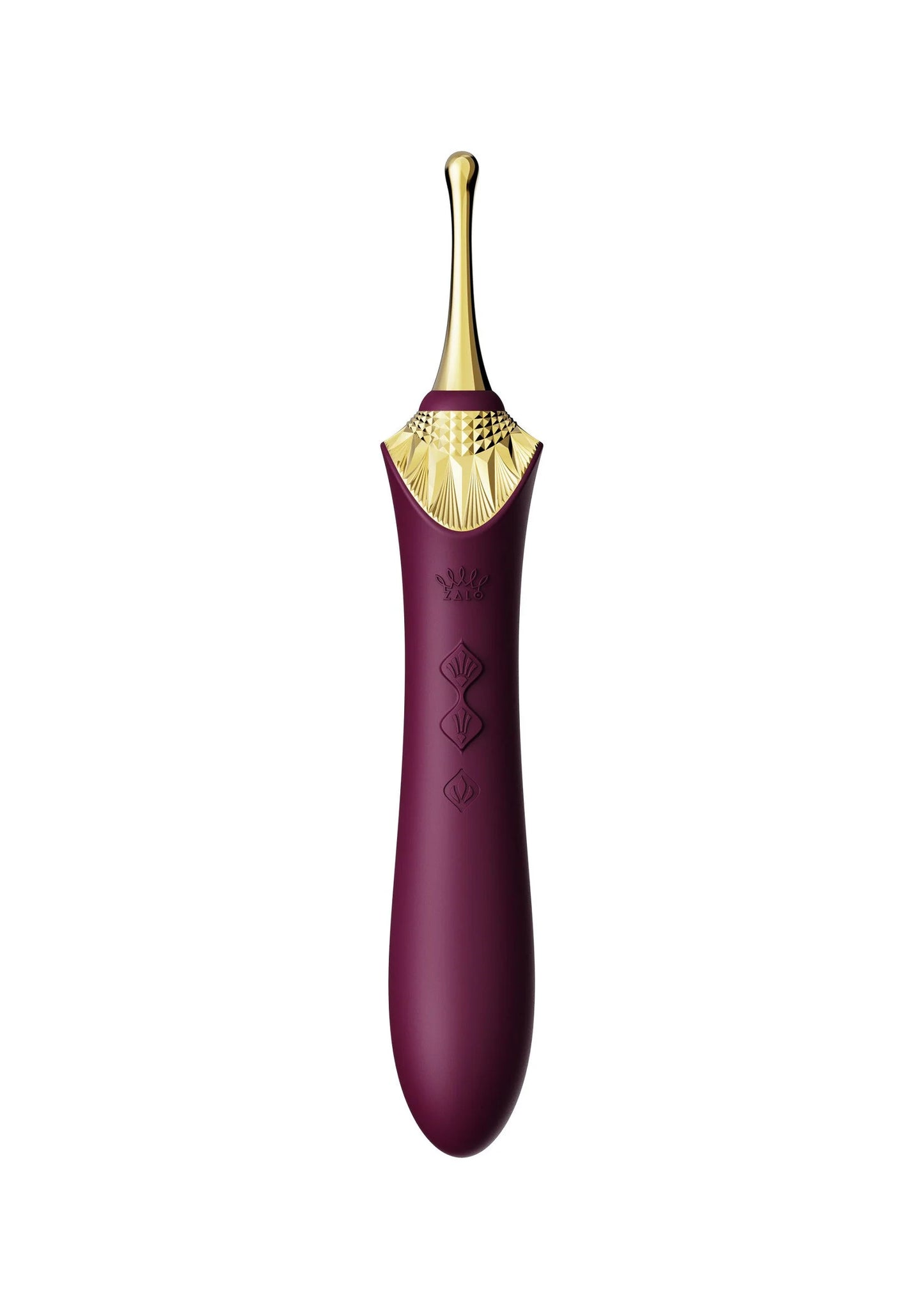 Clitorale vibrator van Zalo in paars, frontaal met gouden ronde stimulatiekop