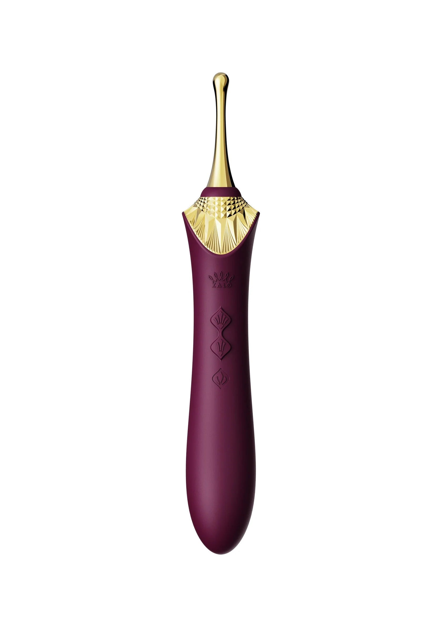 Clitorale vibrator van Zalo in paars, frontaal met gouden ronde stimulatiekop