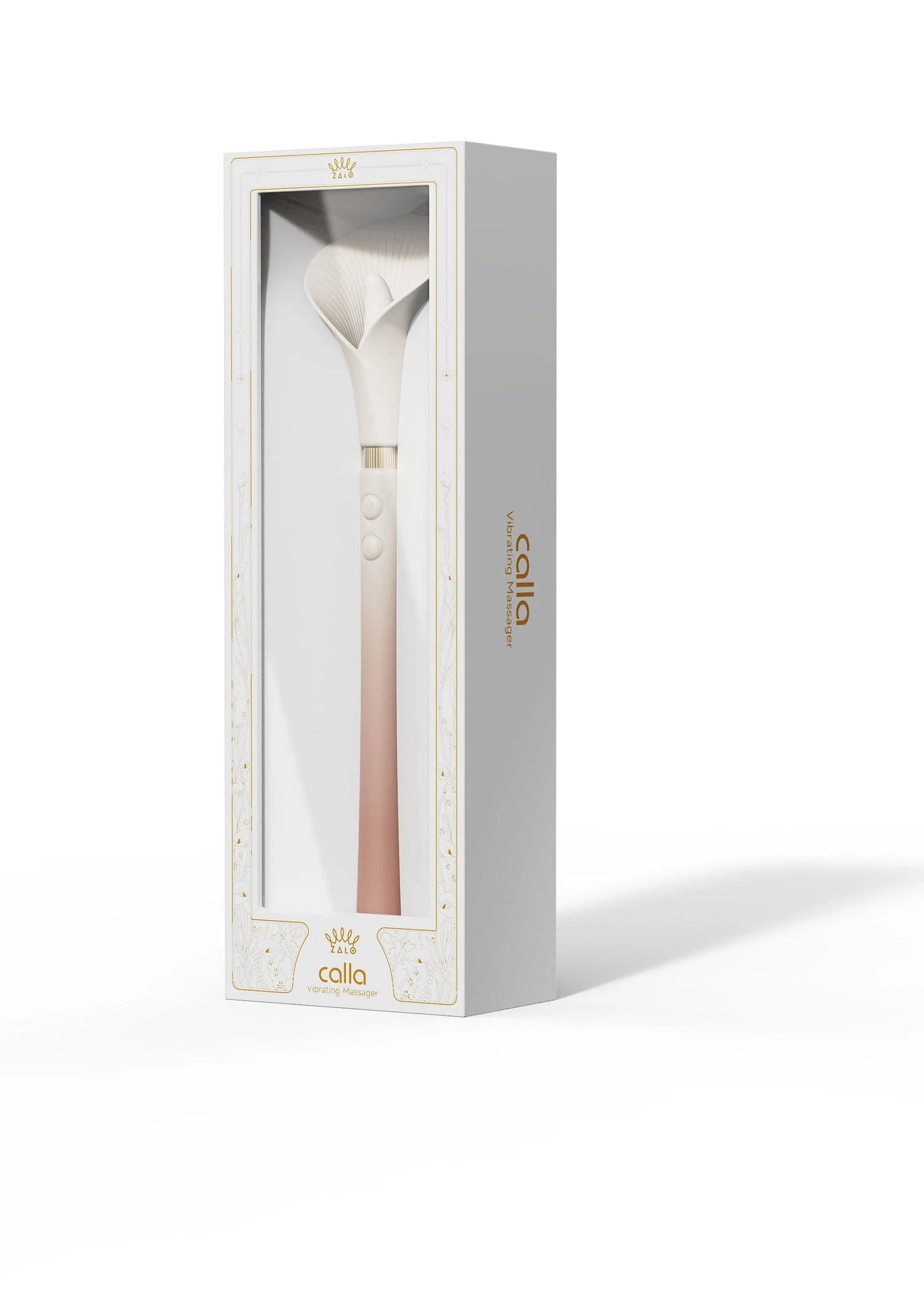 Verpakking van witte Calla vibrerende stimulator met productfoto en zijlogo