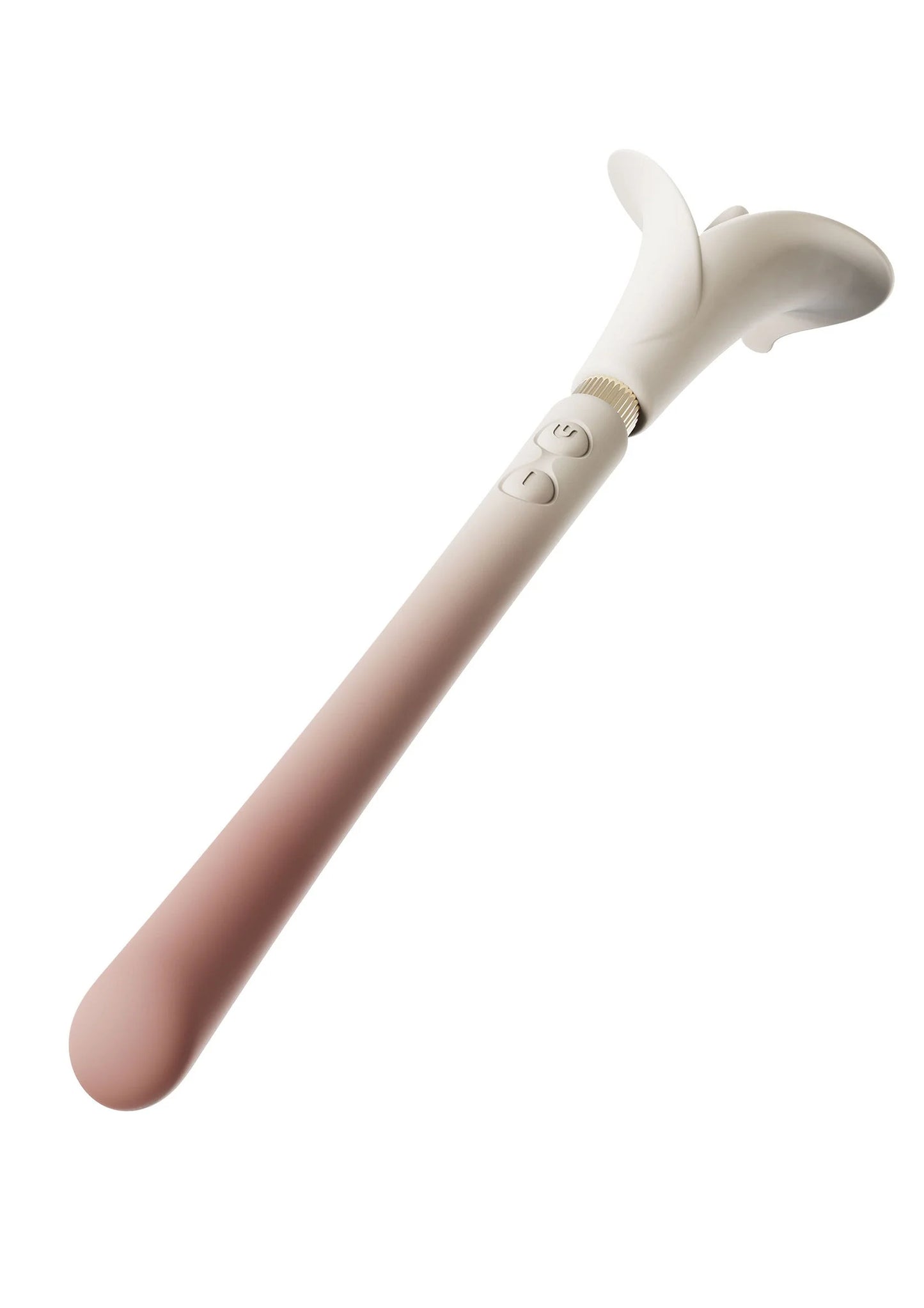 Witte vibrerende stimulator met gebogen kop en knoppenrij op het handvat