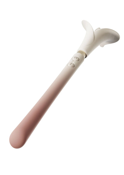 Witte vibrerende stimulator met gebogen kop en knoppenrij op het handvat