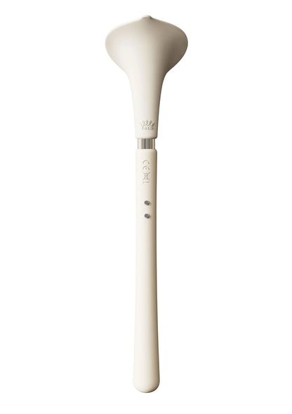 Witte vibrerende stimulator met brede kop en knoppen op de handgreep