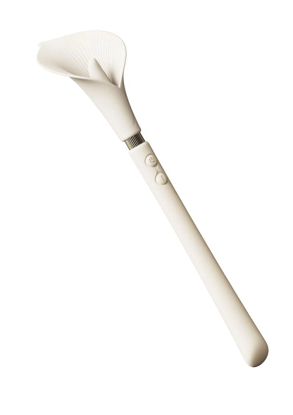 Witte Zalo vibrerende stimulator met Calla-kop en geribbelde handgreep, knoppen
