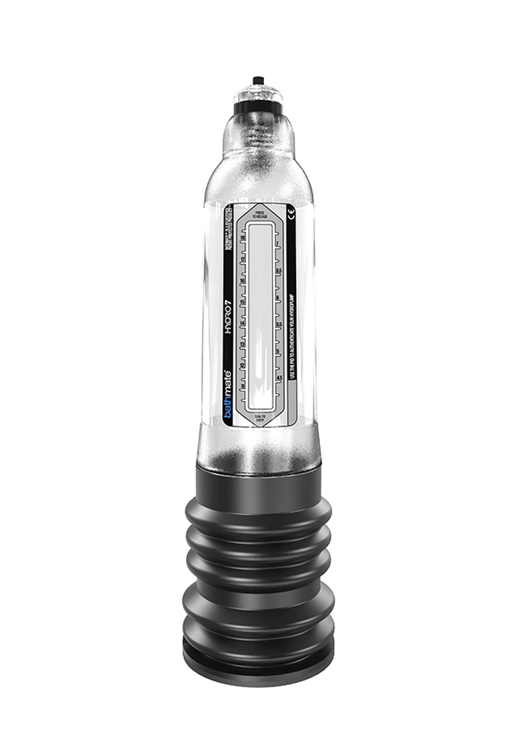 Hydro 7 van bathmate, transparante cilinder met label en zwarte geribbelde basis