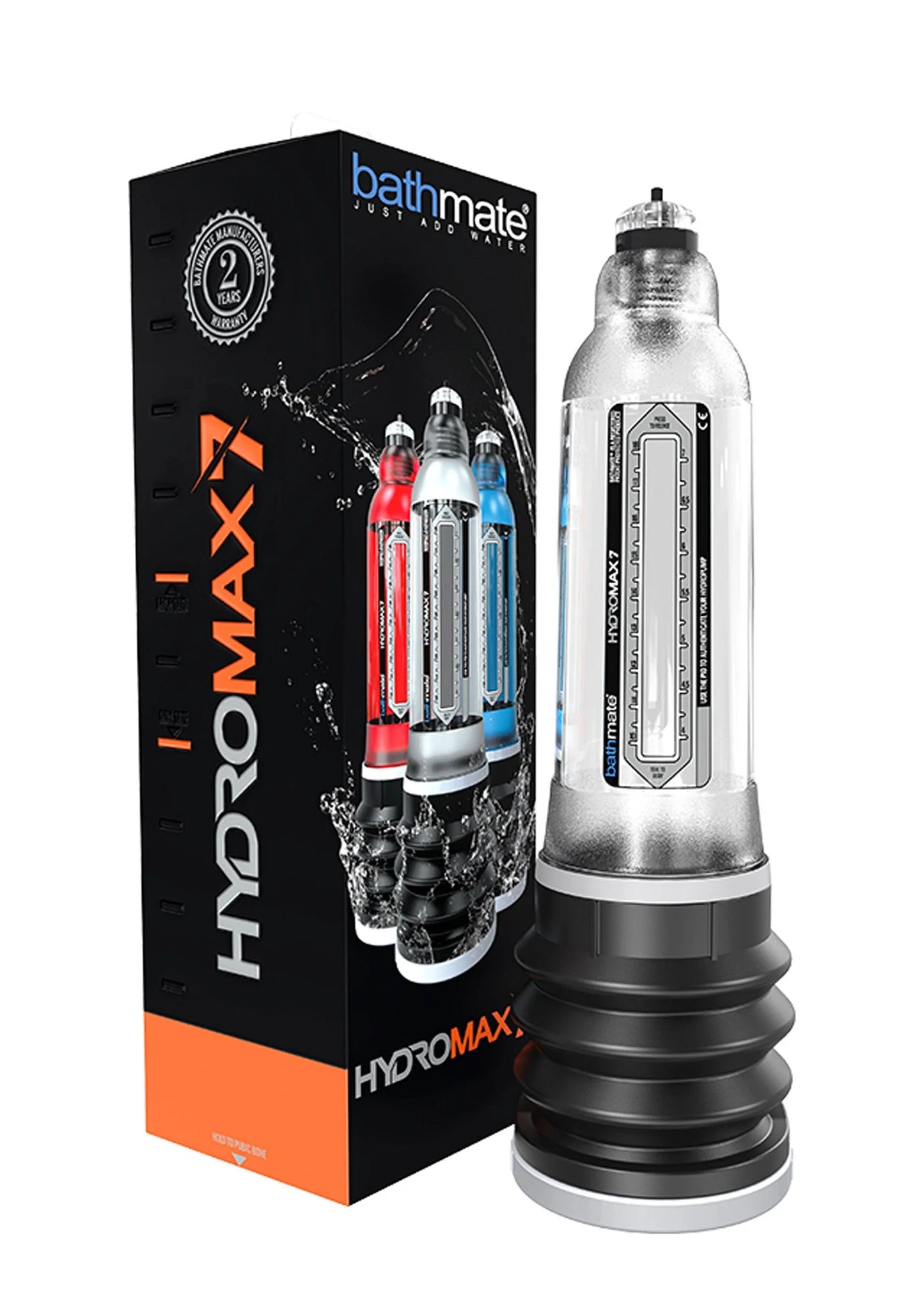 HydroMax 7 set met zwarte doos en zilveren waterpomp met zwarte geribde voet