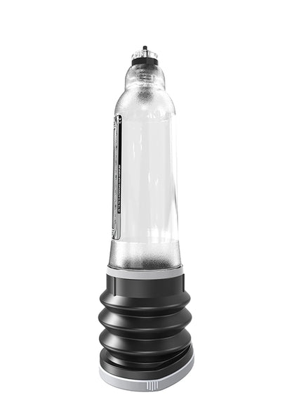 HydroMax 7 waterpomp met zilverkleurige fles en zwarte geribde voet, hoekaanzicht