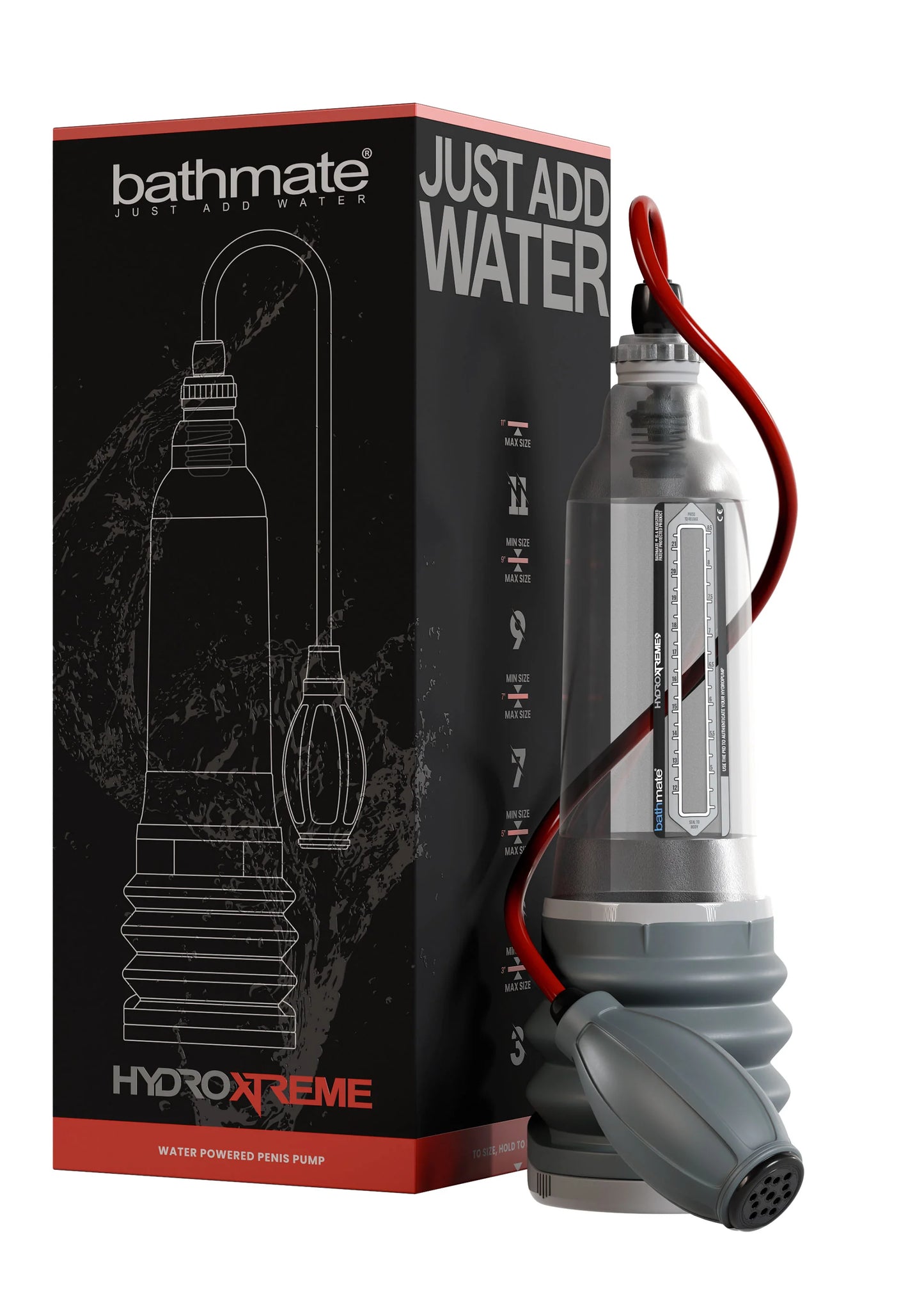 Bathmate HydroXtreme 9 waterpomp met rode slang naast zwarte doos