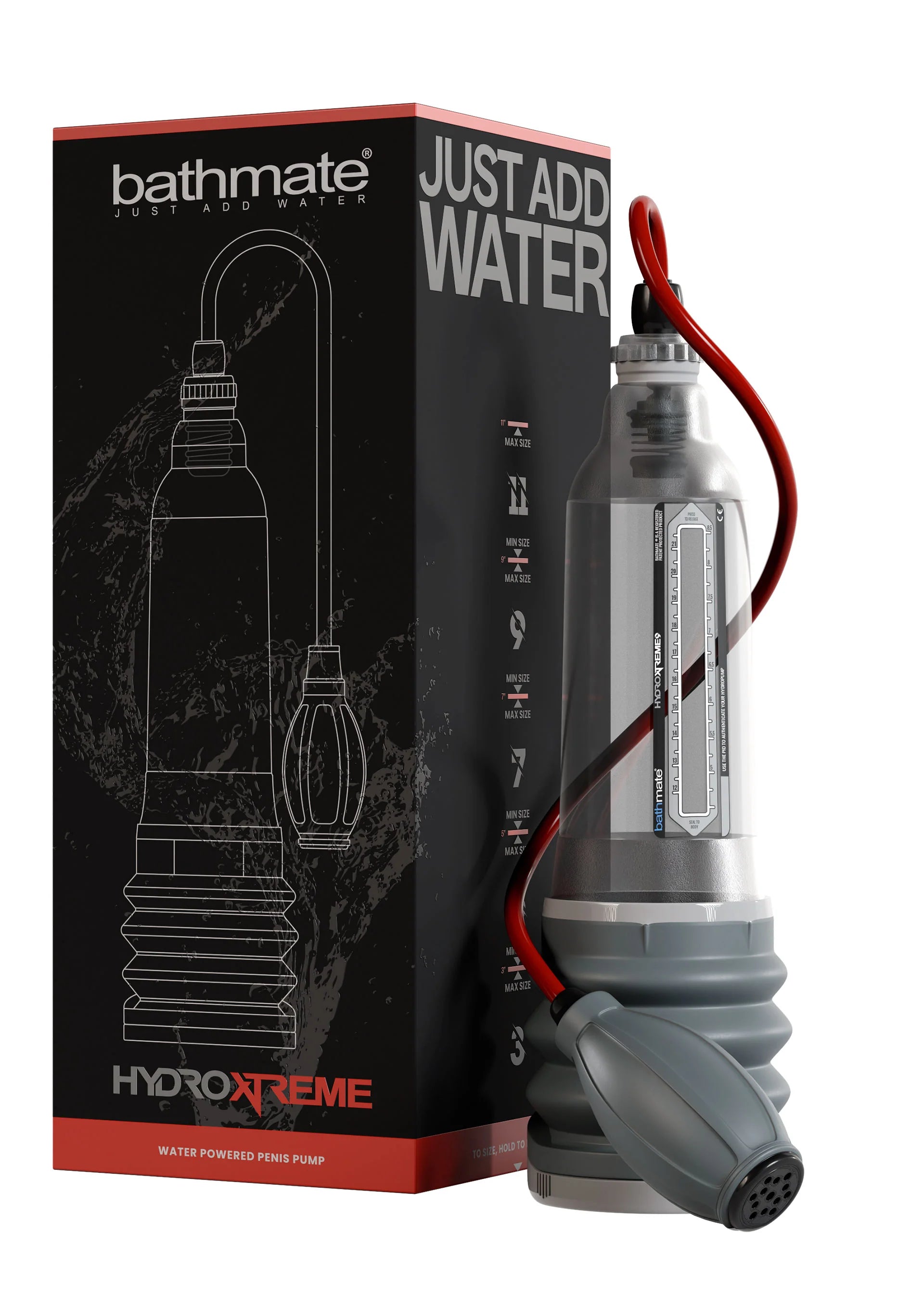 Bathmate HydroXtreme 9 waterpomp met rode slang naast zwarte doos