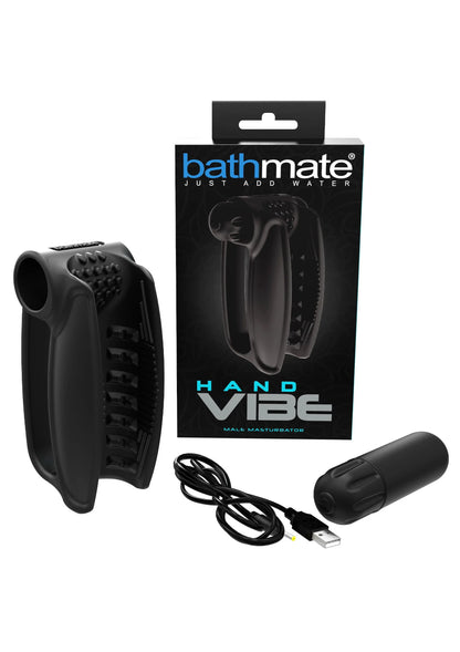 Bathmate Hand Vibe masturbator in zwart met snoer en klein apparaatje bij verpakking