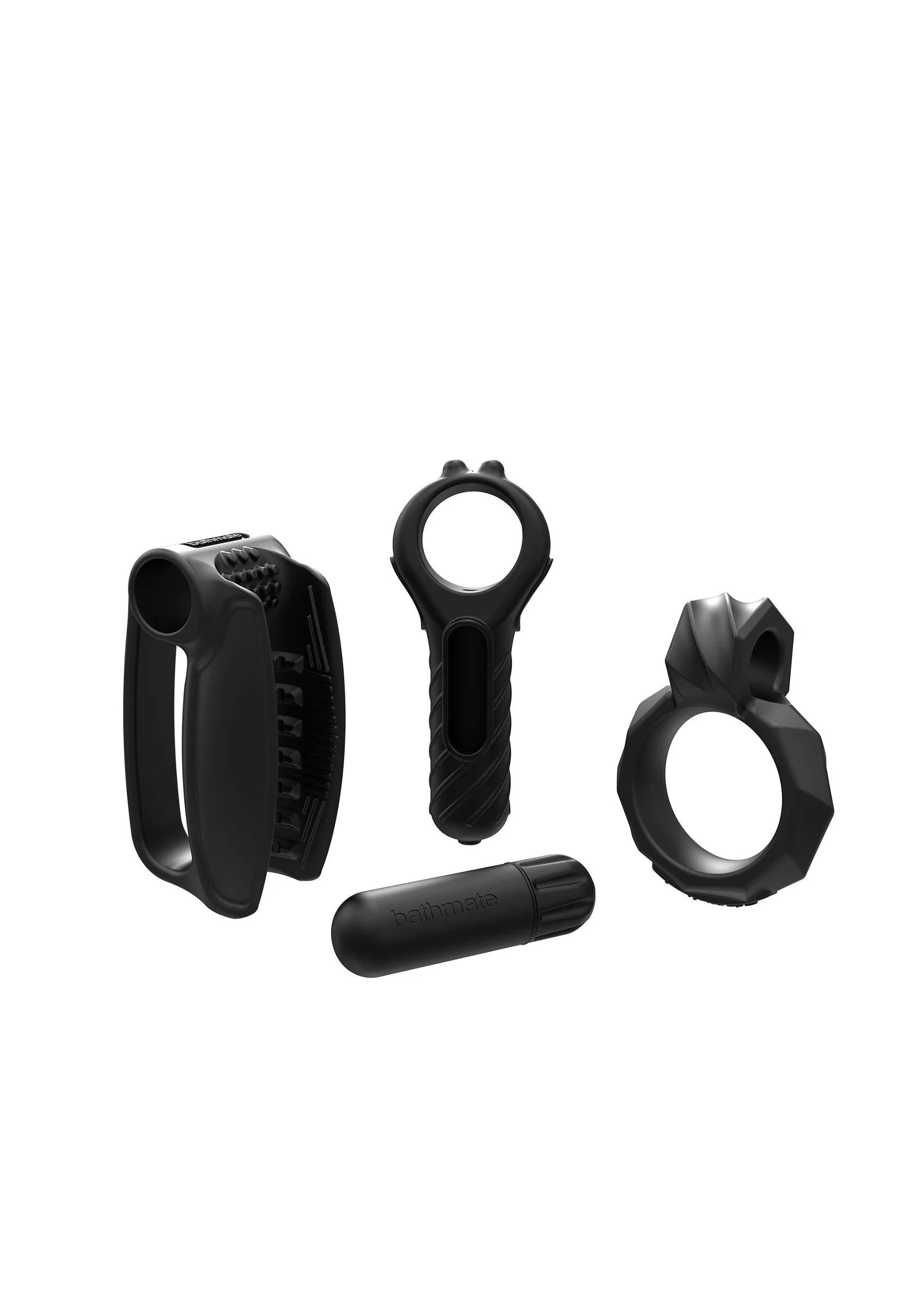 Zwarte 4-delige Bathmate Vibe Endurance set: twee ringen, handgreep en staaf