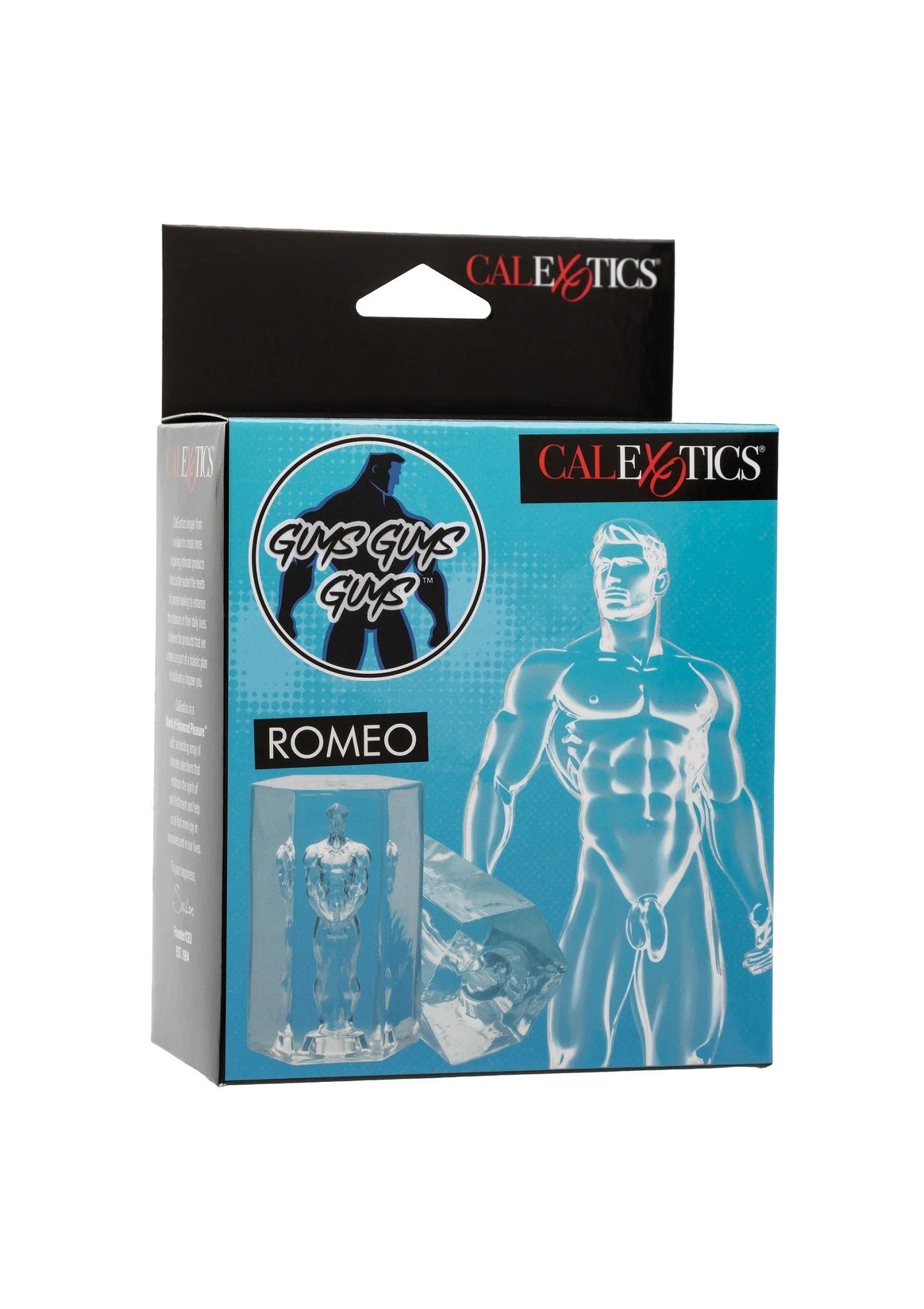 Verpakkingsdoos met CalExotics-merk, Romeo-illustratie en blauwe opdruk