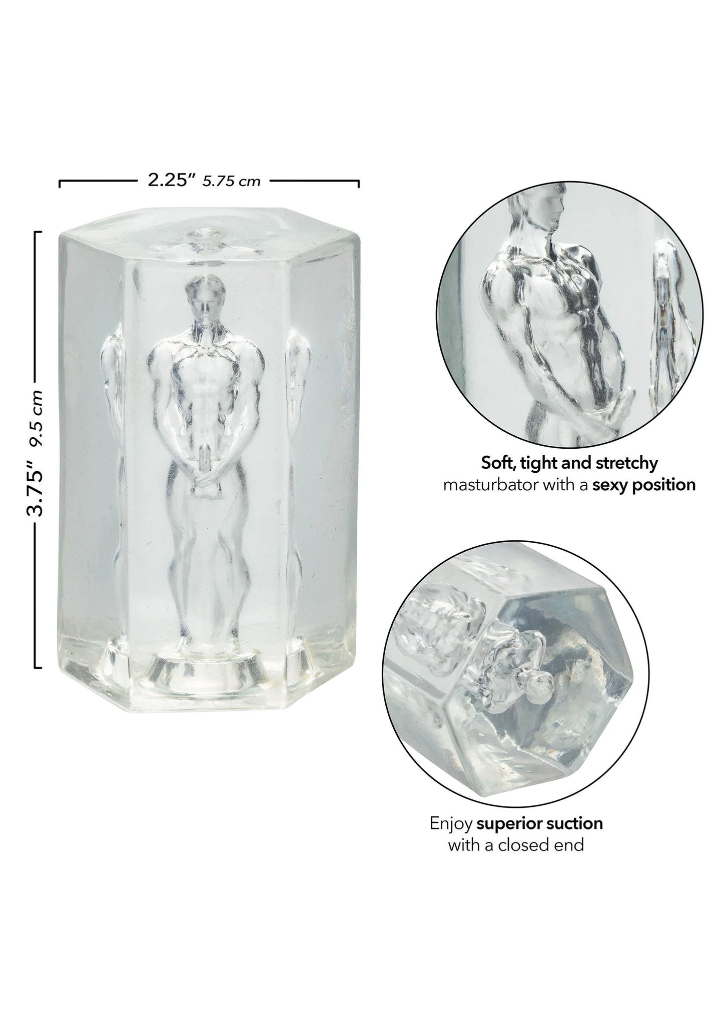 Helder transparante cilinder met metalen figuur en close-up illustraties met afmetingen