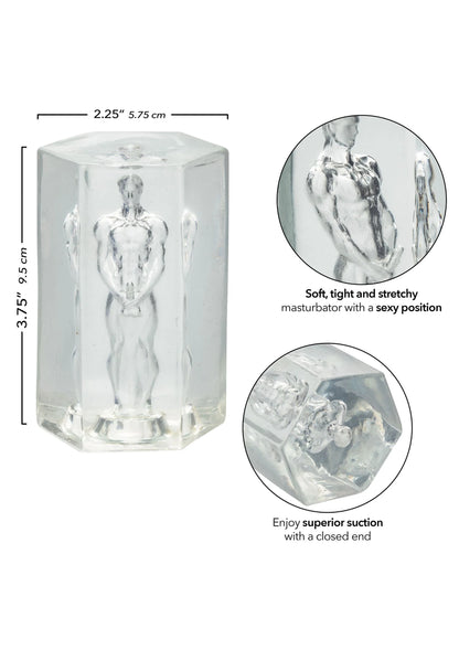 Helder transparante cilinder met metalen figuur en close-up illustraties met afmetingen