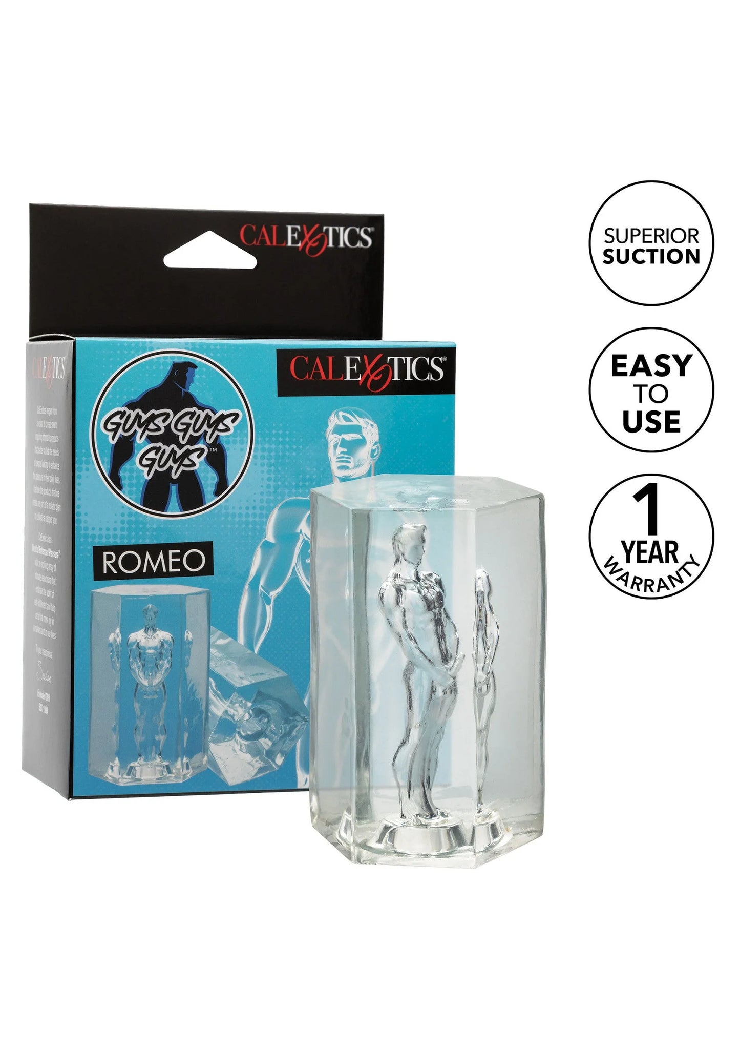 Romeo-verpakking met CalExotics-tekst en transparante cilinder met figuur