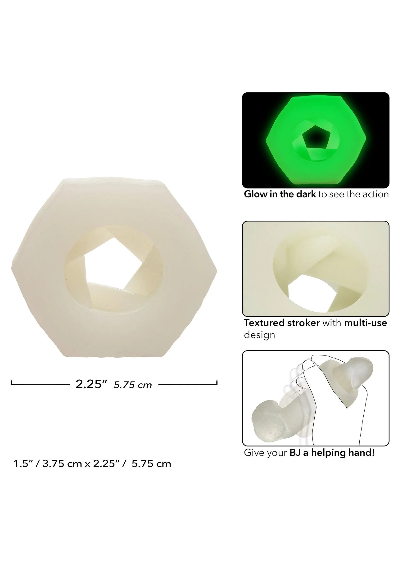 Lichtgroene cockring met afmetingen en tekst over glow-in-dark