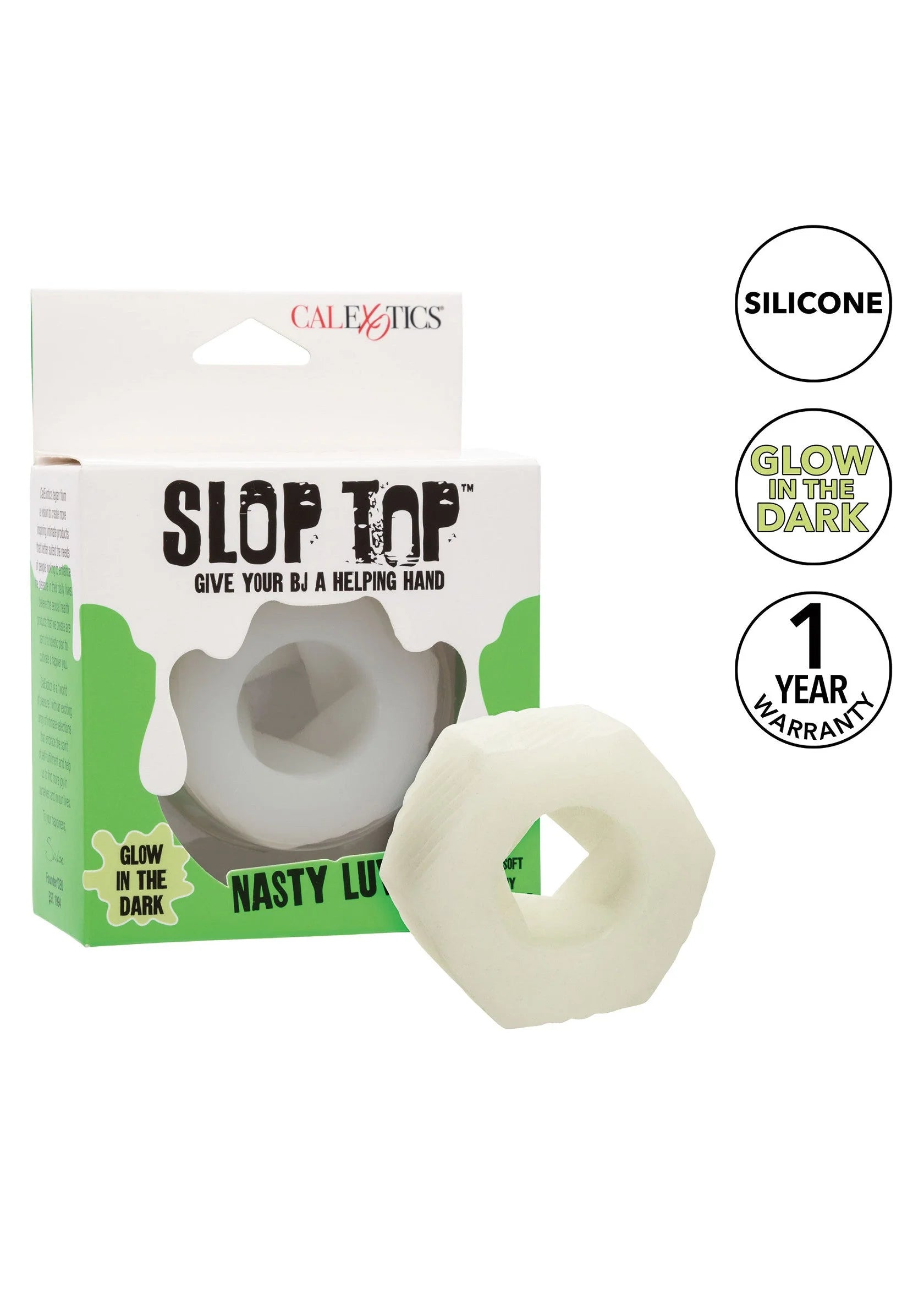CalExotics siliconen cockring, lichtgroen, met doos en glow-in-dark label
