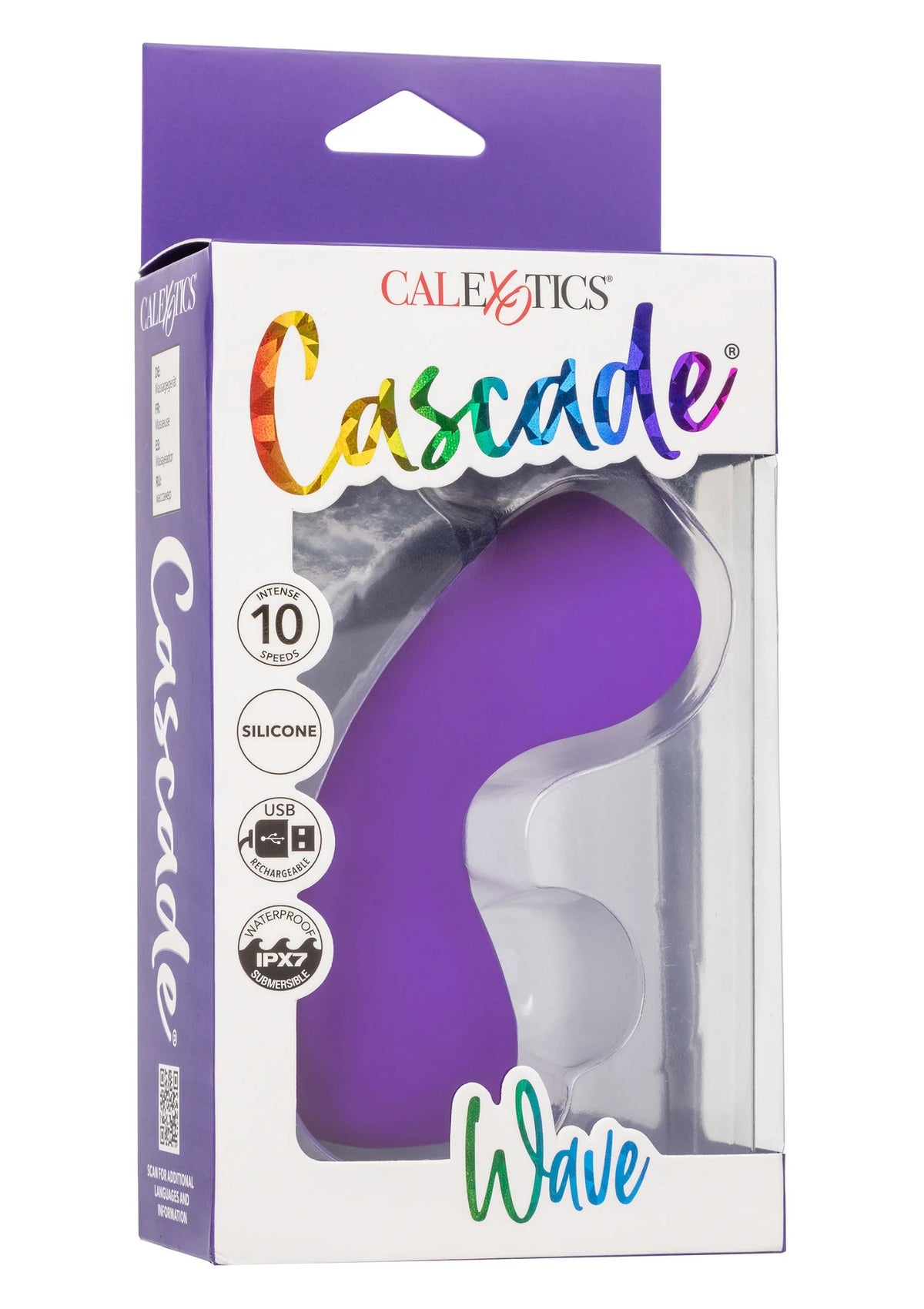 CalExotics Cascade Wave verpakking met paarse siliconen vibrator in doos.