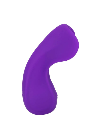 Paarse siliconen vibrator met gladde bocht en ronde top.