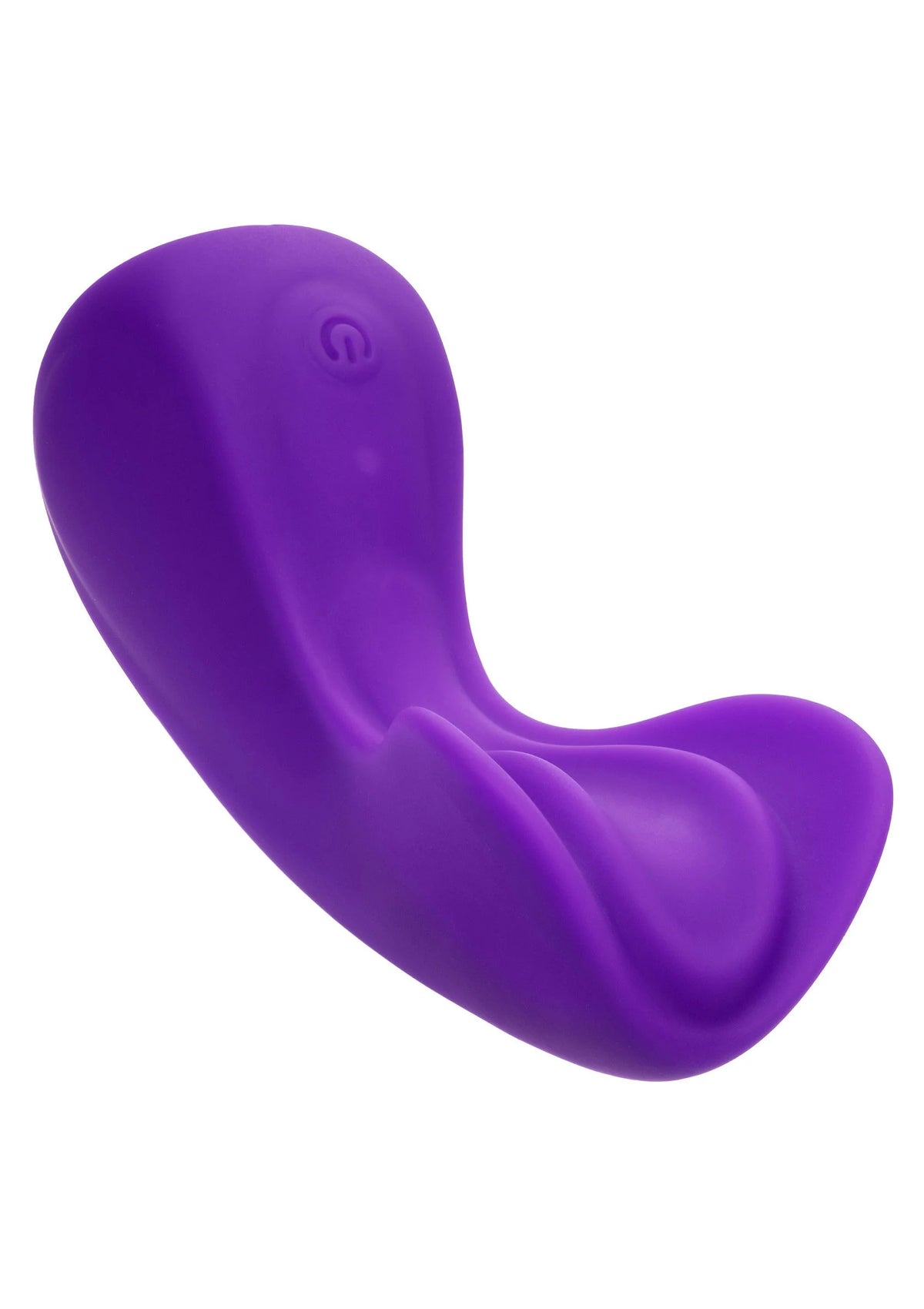 Paarse siliconen vibrator met ronde basis en bedieningsknop aan zijkant.