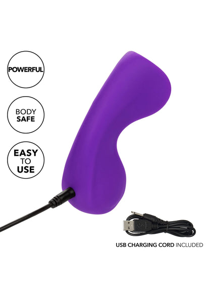 Paarse siliconen vibrator met USB-oplaadsnoer; icons voor eenvoudig gebruik.