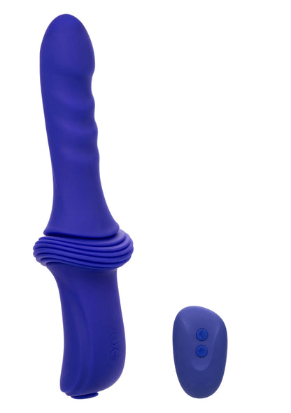 Paarse seksvibrator met ribbelring bij de basis en ovale, taps toelopende kop