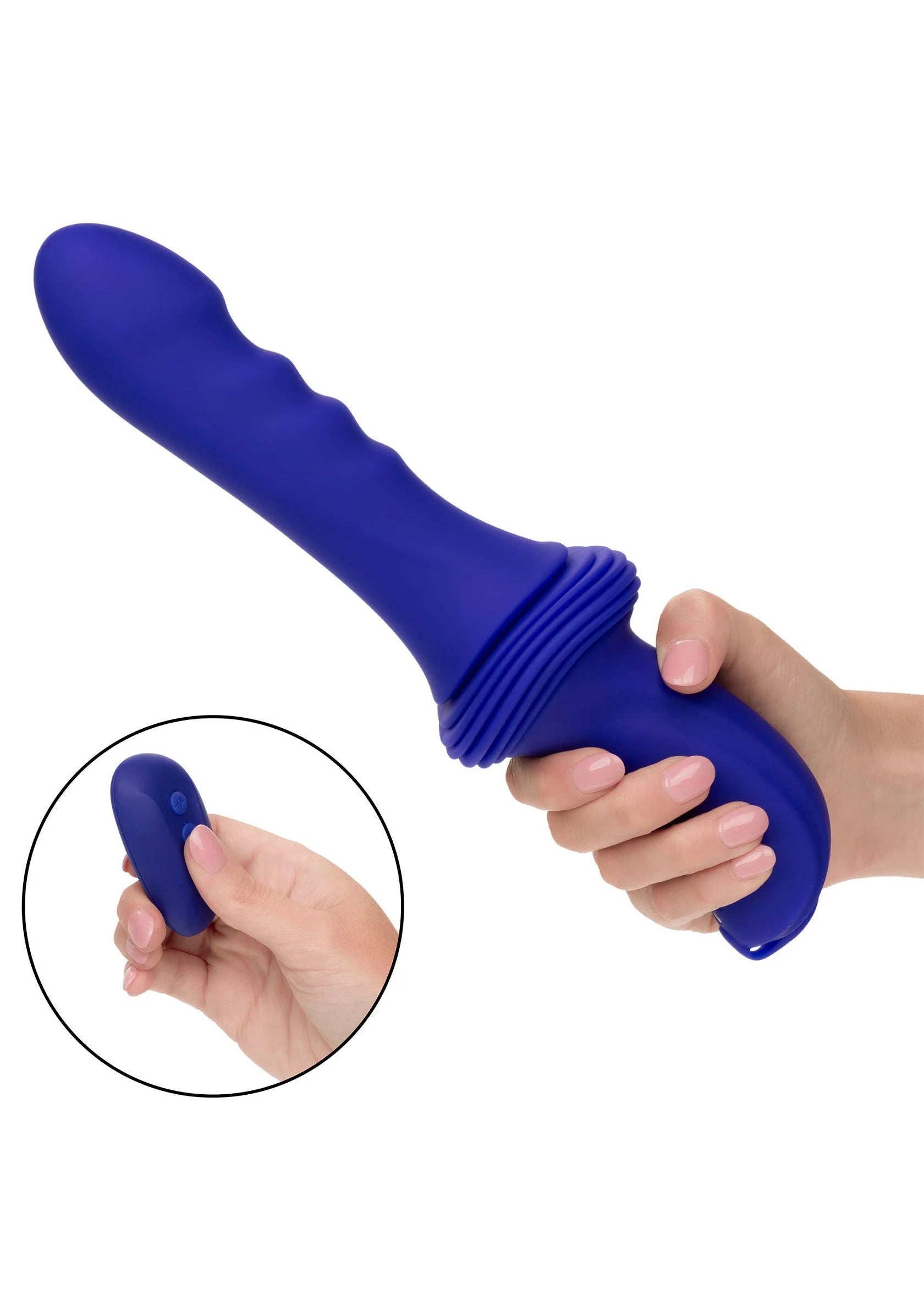 Paarse seksvibrator met ribbelring en los rond bedieningspaneel