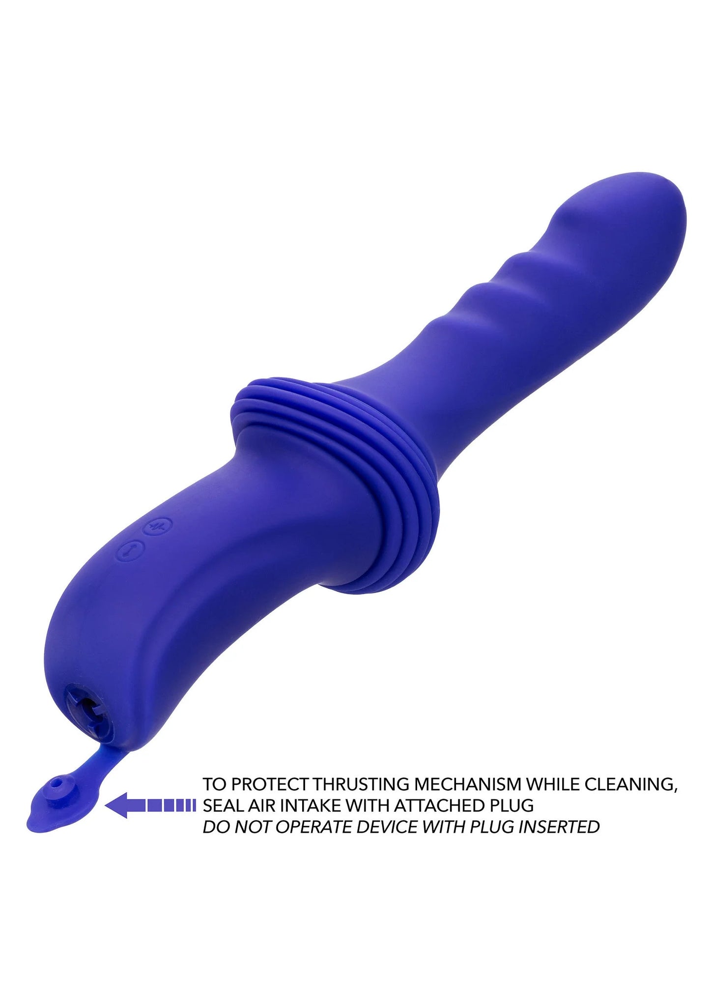Paarse seksvibrator in zijaanzicht met geribbelde middenring en afgeronde top