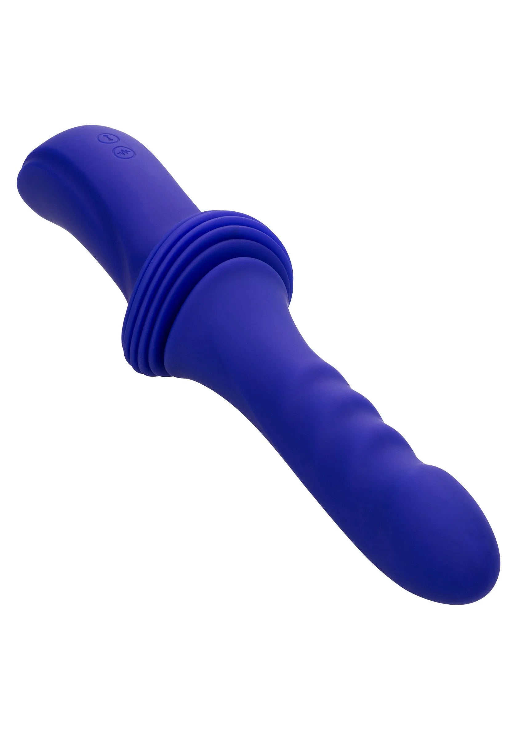 Paarse seksvibrator met geribbelde middenring en gebogen, taps toelopende kop