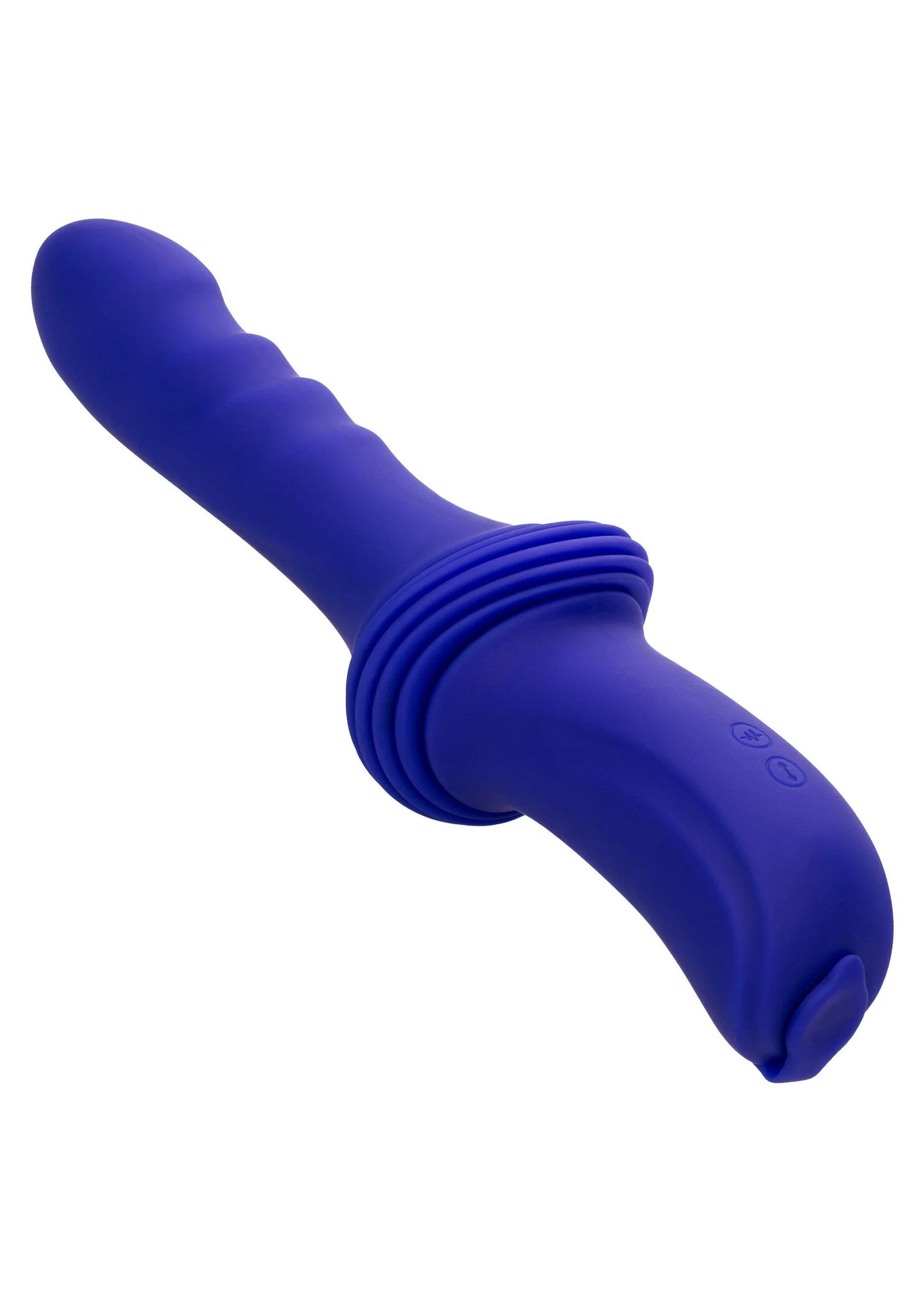 Paarse seksvibrator met afgeronde top en geribbelde ring bij de handgreep