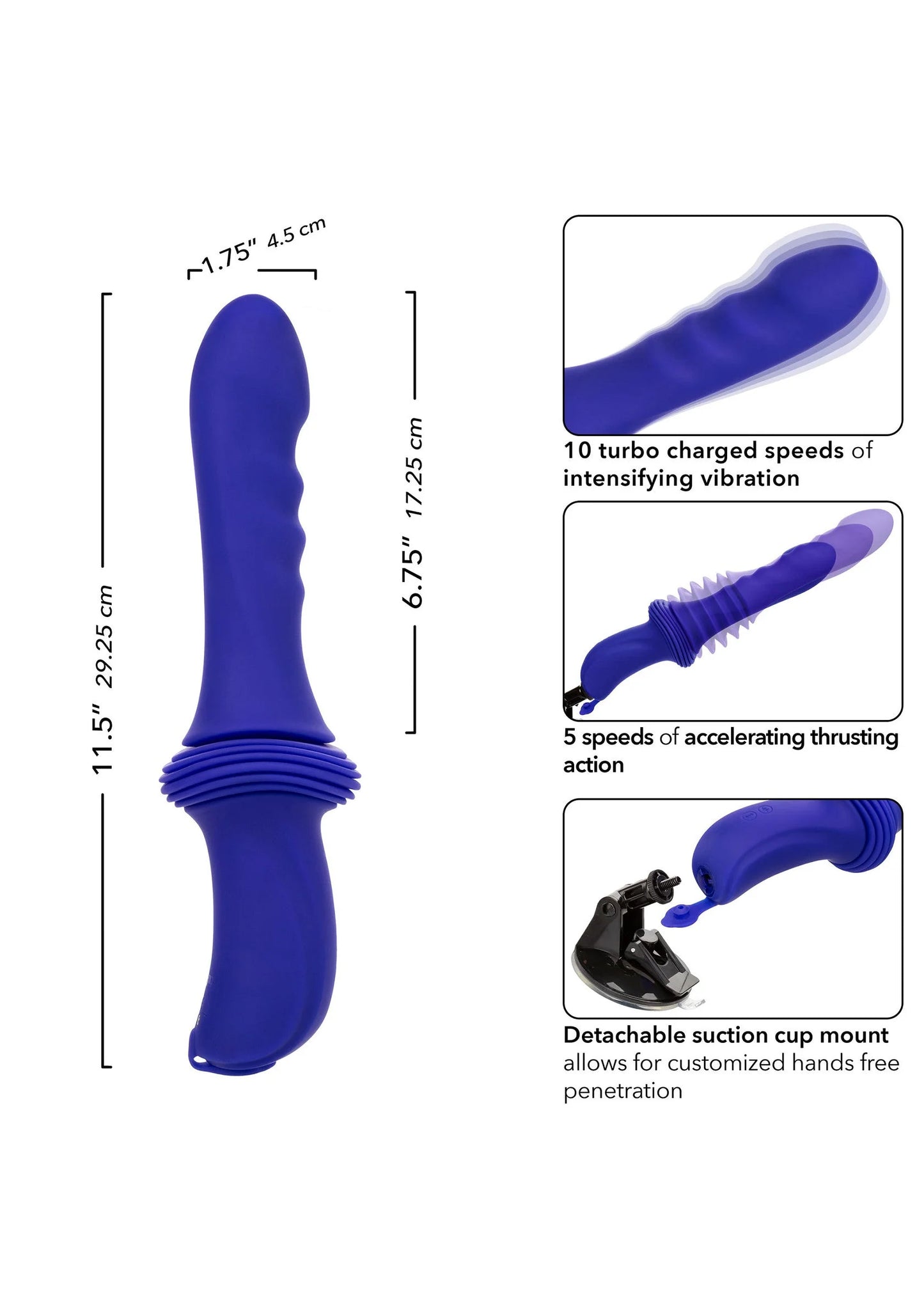 Paarse geribbelde seksvibrator met afgeronde kop en ingebouwde handgreep