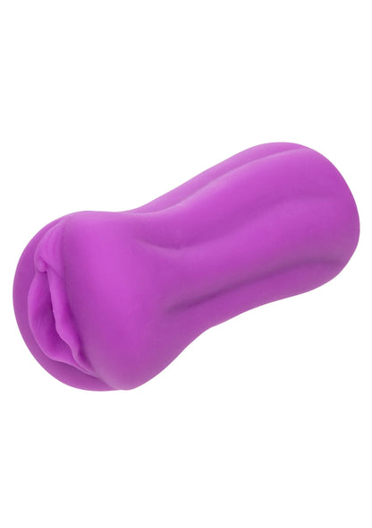 Paarse siliconen masturbator met gebogen profiel en open uiteinde