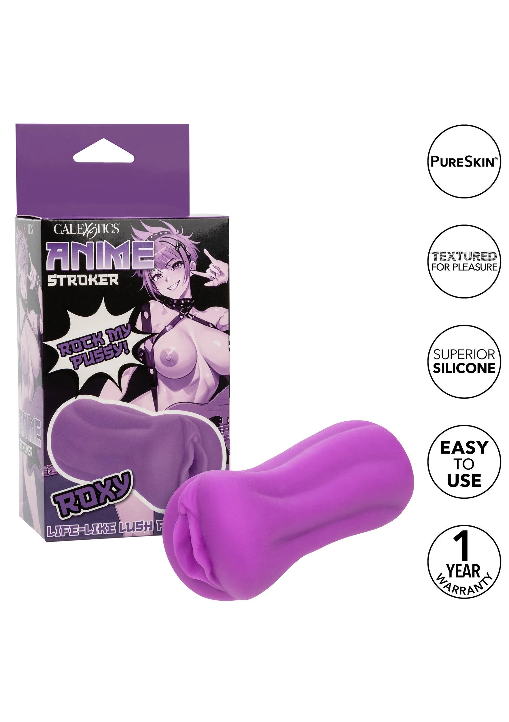 Paarse siliconen masturbator met gebogen vorm en geprononceerde opening