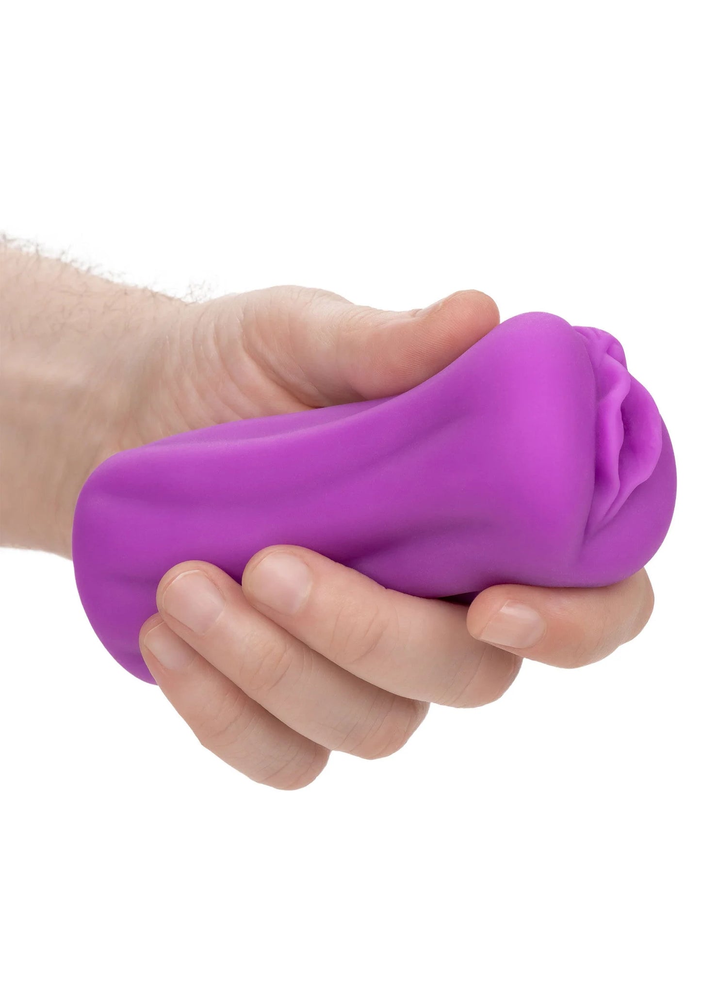 Paarse siliconen masturbator vastgehouden door een hand, zicht op uiteinde