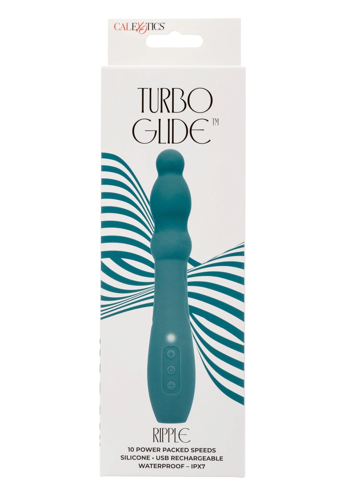 Verpakkingsdoos Turbo Glide van CalExotics, turkooisblauwe vibrator afgebeeld
