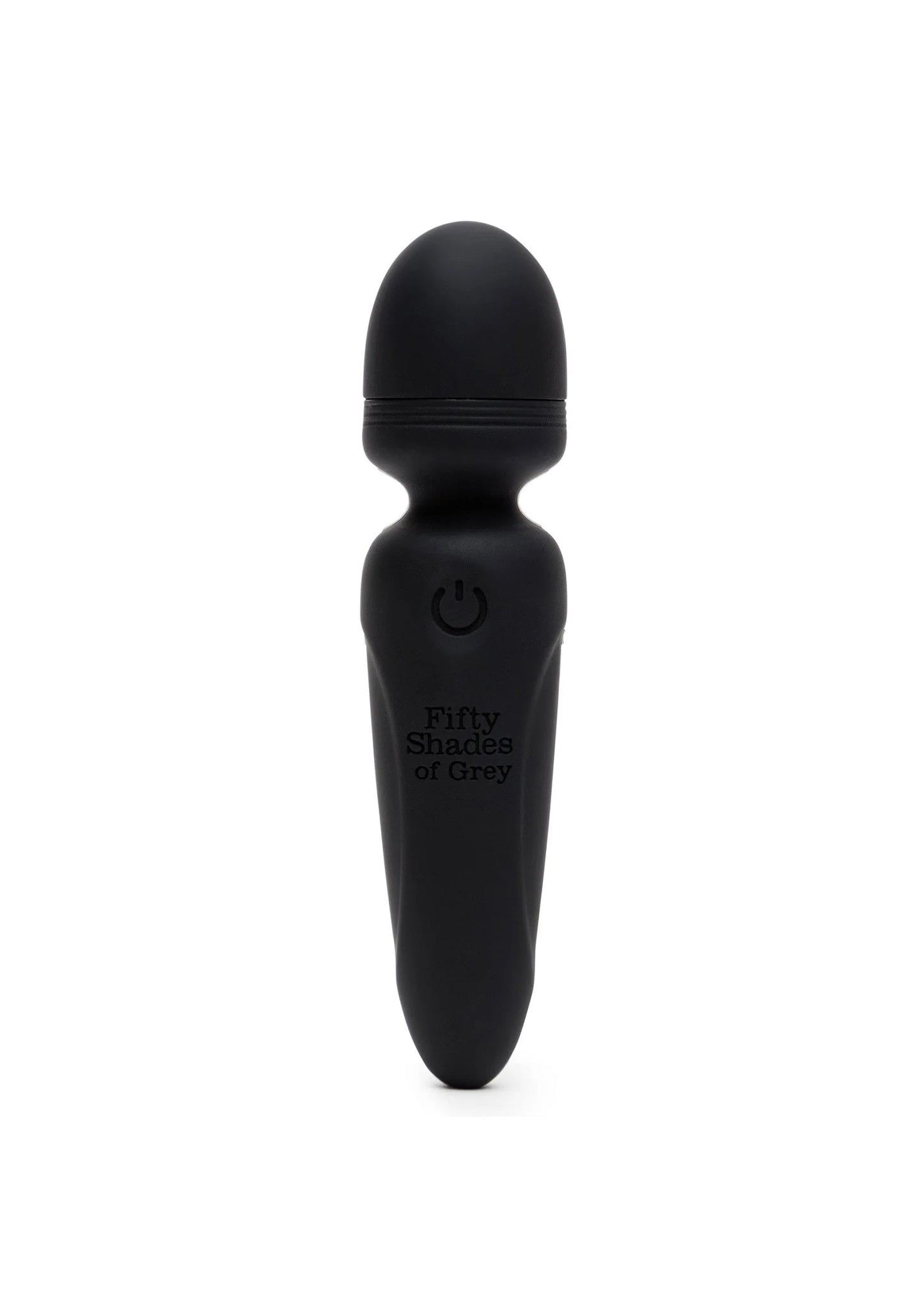 Mini wand vibrator matzwart, ovaal handvat met stroomknop en afgeronde kop bovenaan